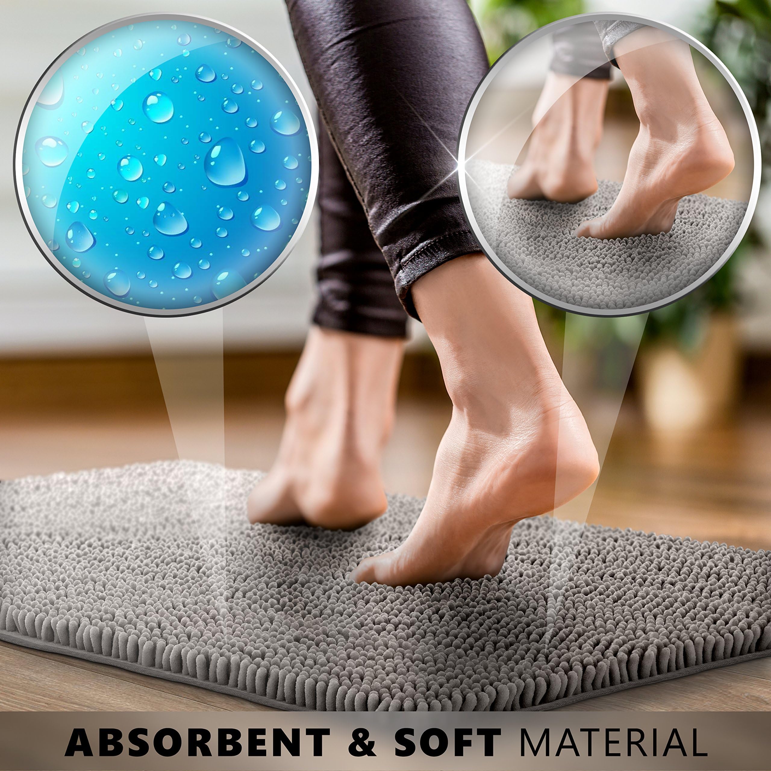 Odil Bathroom Rug Mat Durable Non-Slip Chenille Microfiber Absorbent Machine Washable Extra Soft - Grey (20 x 32-Inches)