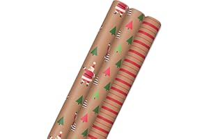 Hallmark Christmas Wrapping Paper Rolls, Brown Kraft Holiday Gift Wrap (Pack of 3: 90 sq. ft. ttl) Kraft with Santas, Trees, Stripes