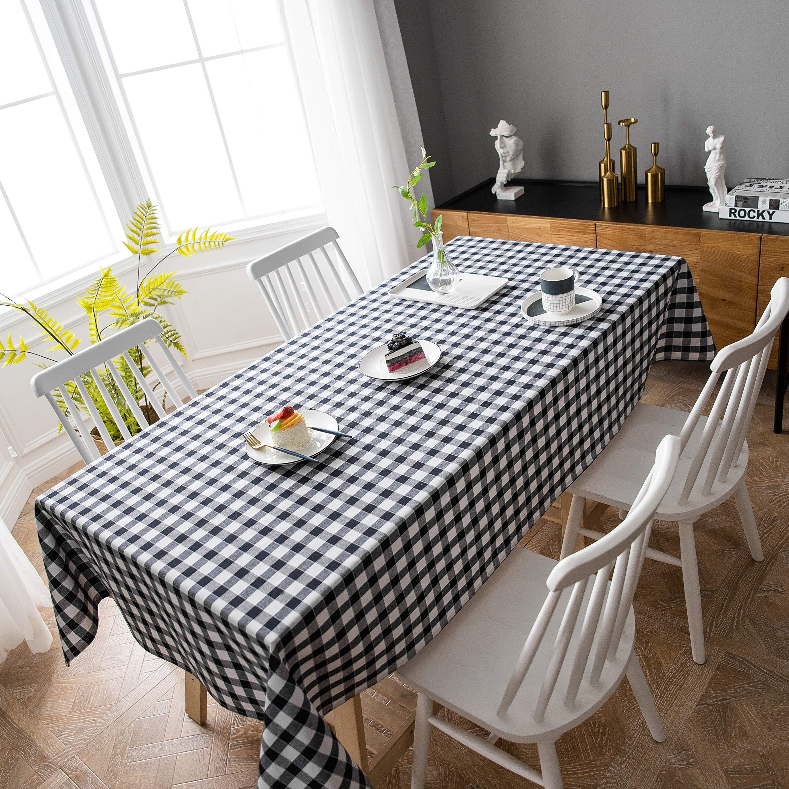 Aquazolax Rectangle Buffalo Check Tablecloth Textured Weights Fabric 6ft Long Table Covers, 54" Wide x 72" Long ( 137cm x 183cm), Black and White