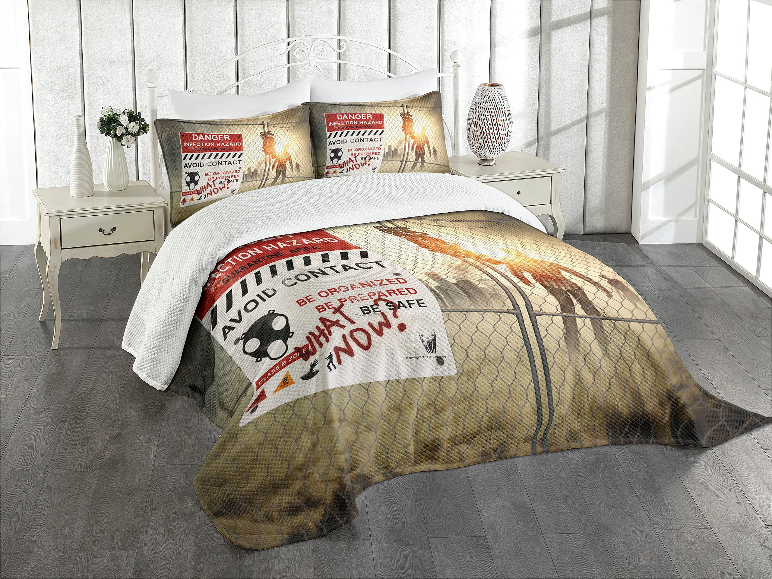 ABAKUHAUS Zombie Bedspread Set, Dead Man Walking, Decorative Quilted 3 Piece Coverlet Set with 2 Pillow Shams, Beige Red