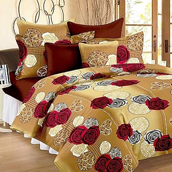 Story@Home 100% Cotton Bed Sheet for Double Bed with 2 Pillow Covers Set, Candy Queen Size Bedsheet Series, 120 TC, Vivid Roses Pattern, Cream