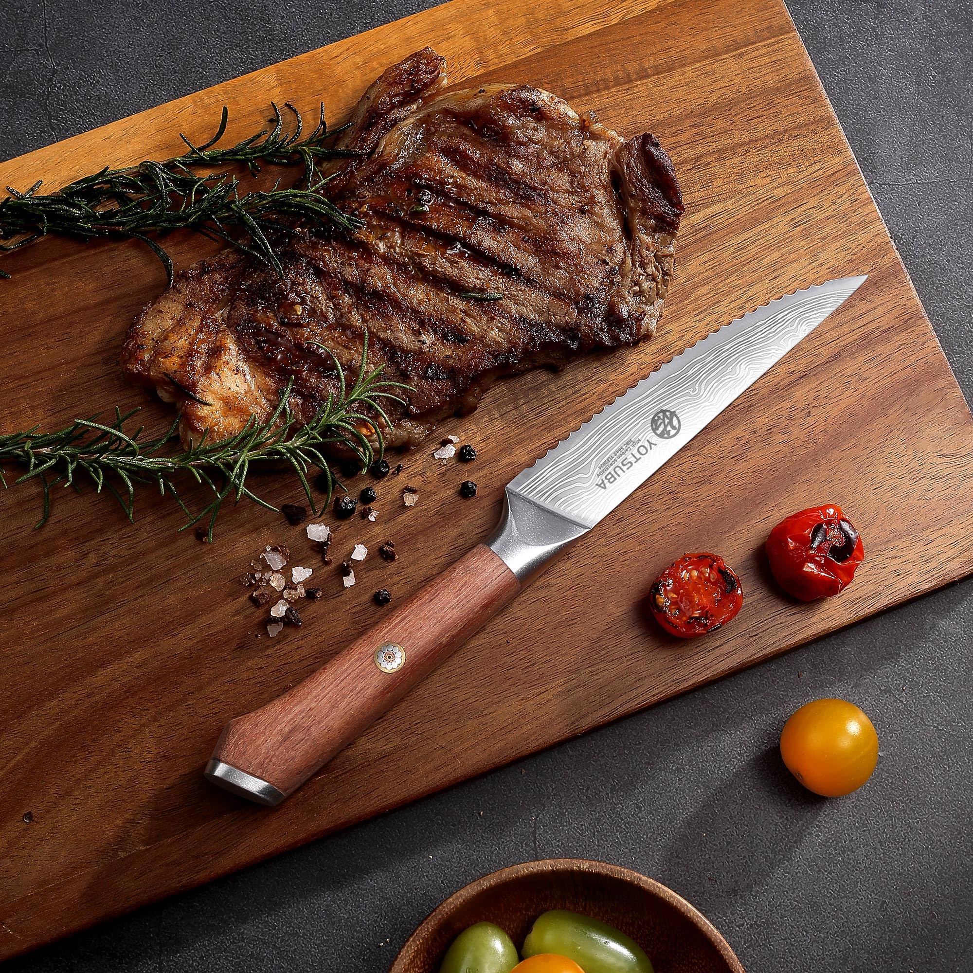 YOTSUBA Steakmesser Set 6-teilig, 12cm Küchen Steakbesteck Messer aus hochwertiger Deutscher Edelstahl, ultrascharfe Gezahnte Steak Küchenmesser und ergonomischer Holzgriff, Tafelmesser Geschenkbox 7