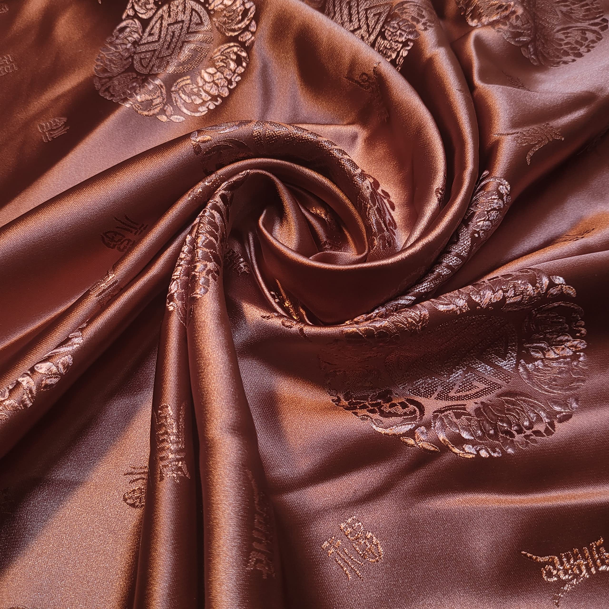 Rust Brown Oriental Traditional Chinese Embroidered Brocade/Poly Silk Satin Premium Quality Dress Craft Fabric Material 44" - 112cm Wide Sold As 1 Meter Pre - Cut Lengths