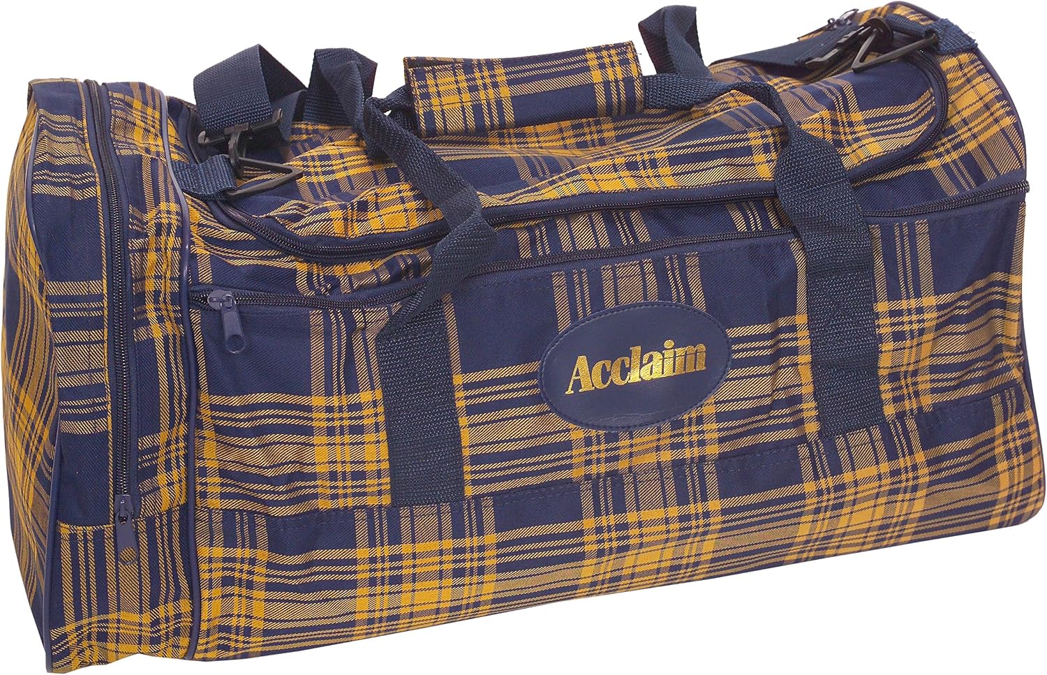 Acclaim Turnberry Sports Training Team Kit School Duffle Gym Bag Large Travel Weekend Holdall With End Pocket 54cm x 28cm x 24cm Navy Blue Yellow Tartan Fabric