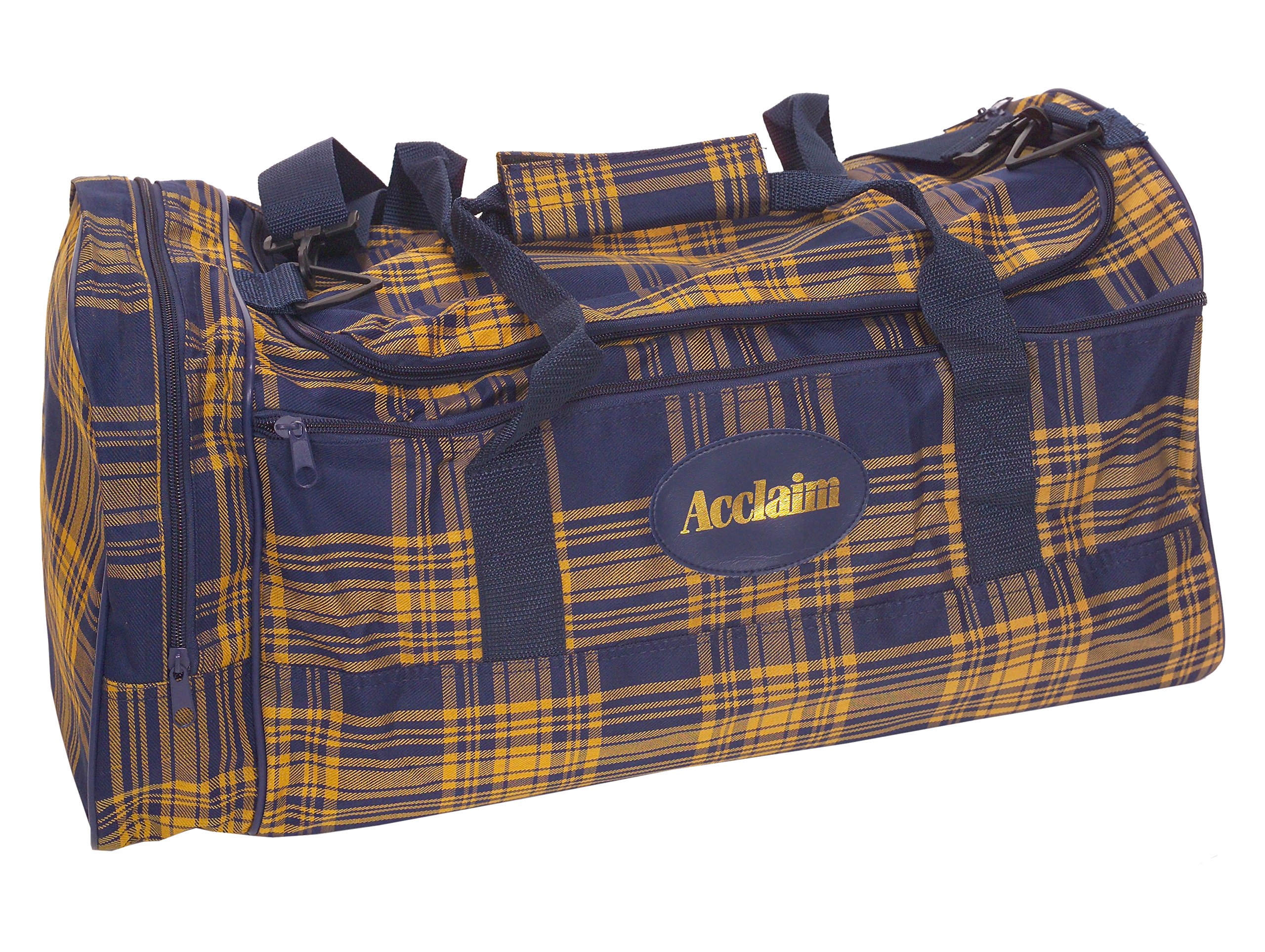 Acclaim Turnberry Sports Training Team Kit School Duffle Gym Bag Large Travel Weekend Holdall With End Pocket 54cm x 28cm x 24cm Navy Blue Yellow Tartan Fabric.