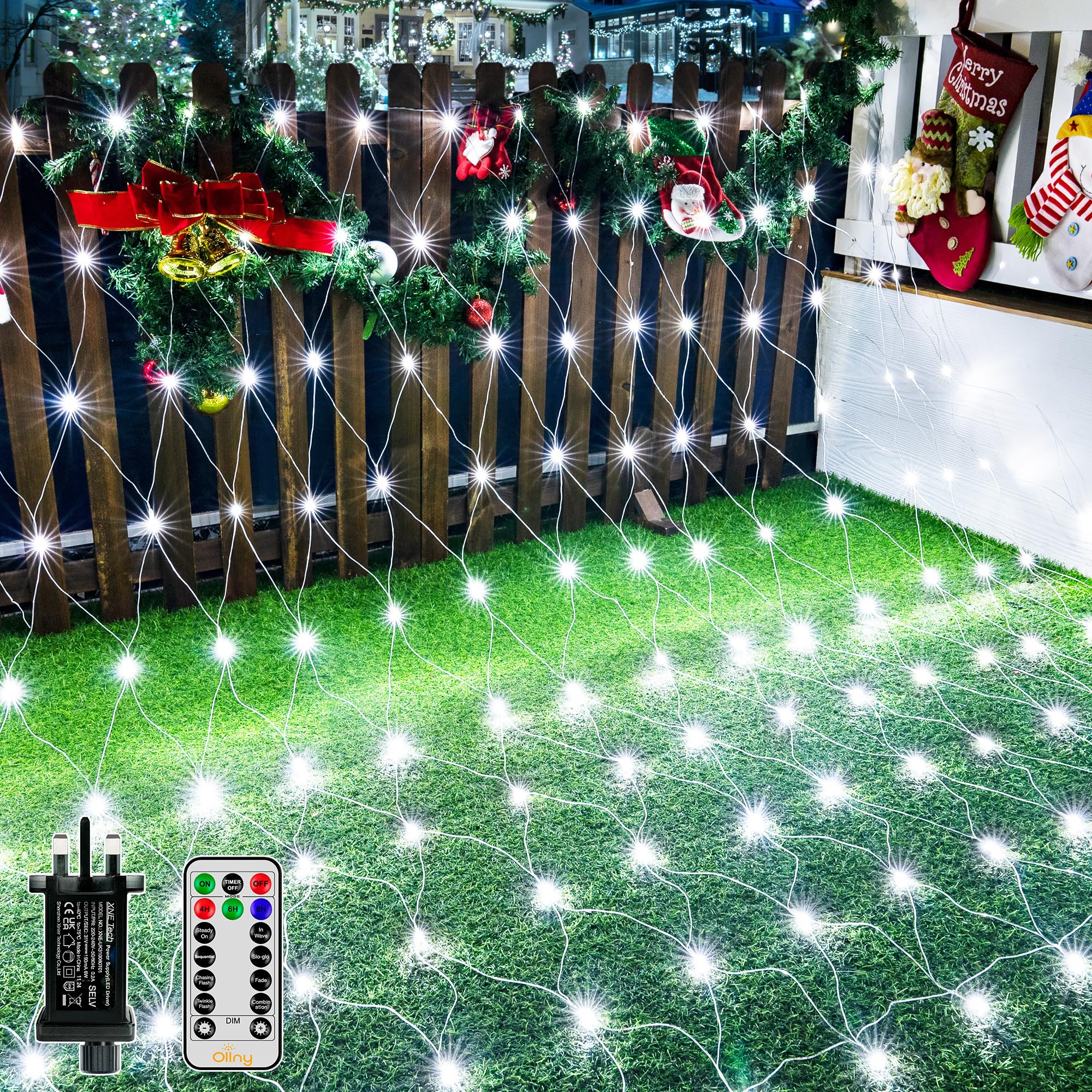 Ollny Net Lights Outdoor Indoor, 200 LED 3m x 2m Mesh Fairy Lights Plug in, Waterproof String Lights with 8 Light Modes/Timer/Remote, for Outside/Garden/Window/Gazebo Ceiling Decorations, Cool White