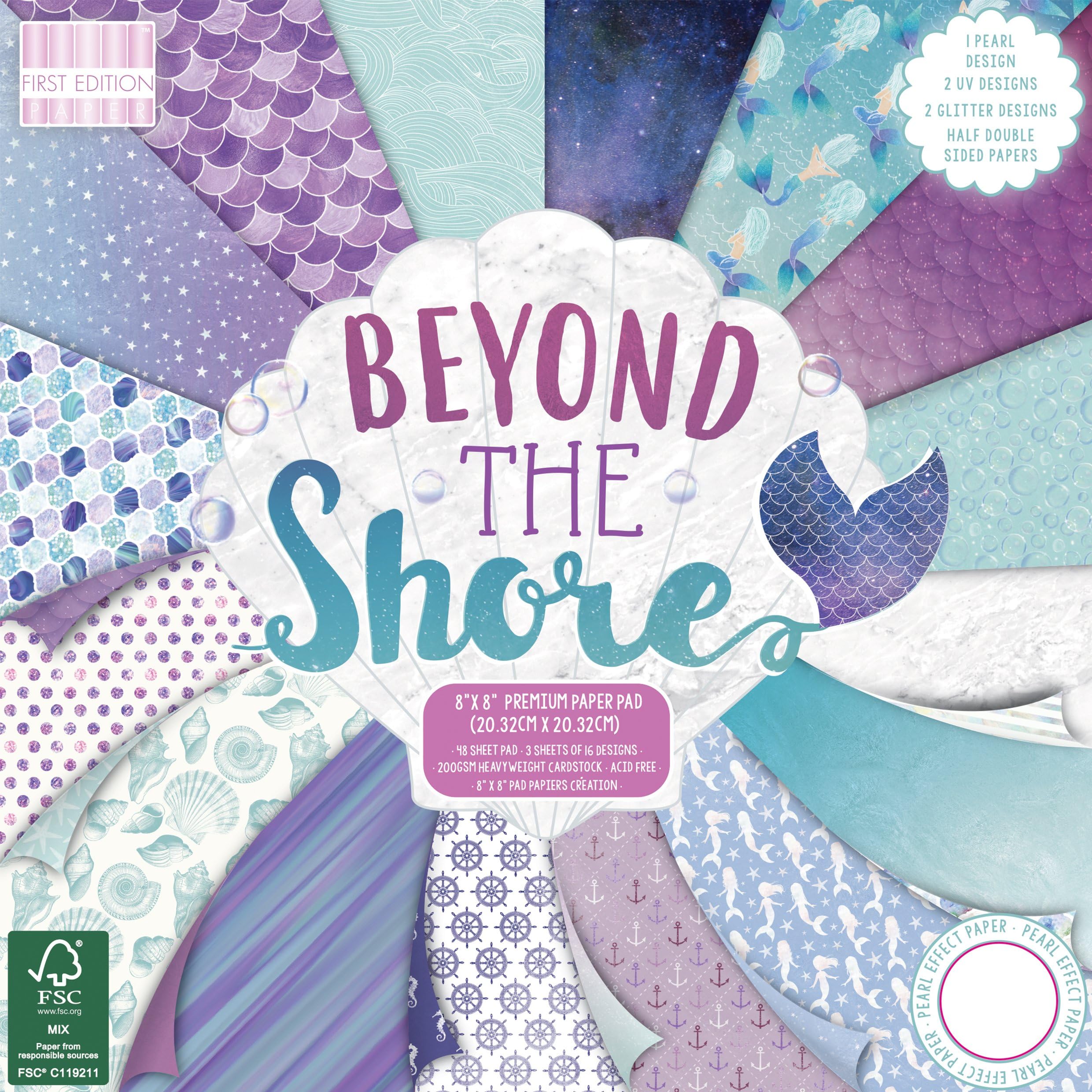 Trimcraft Beyond The Shore Premium Paper 8" x 8" / 20.3 x 20.3 cm, (48 Sheet Pad, 200gsm Heavyweight Cardstock, Acid & Lignin Free, Soy Inks, FSC), 8x8