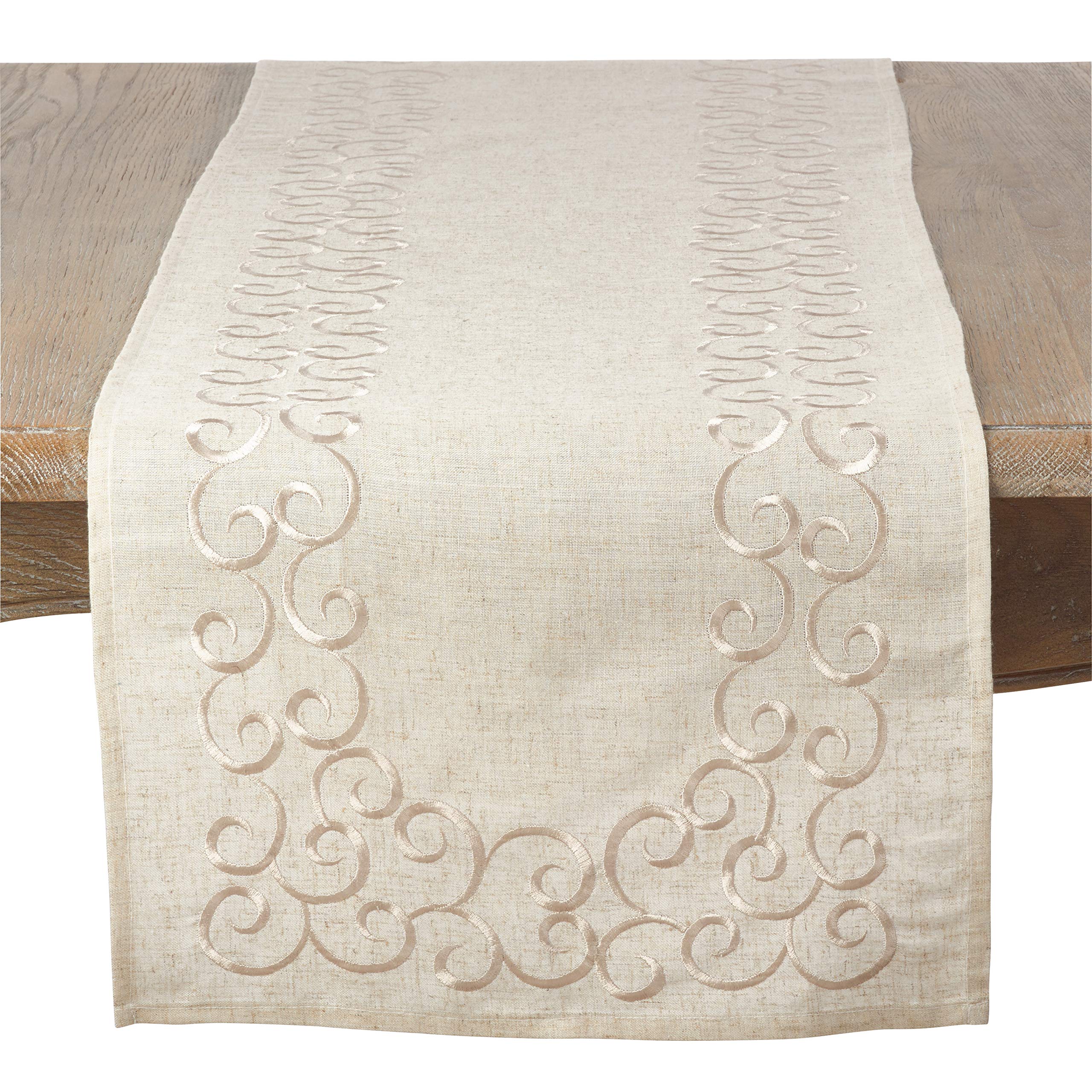 Photo 1 of SARO LIFESTYLE Swirling Collection Embroidered Design Linen Blend Table Runner, 16" x 72", Natural