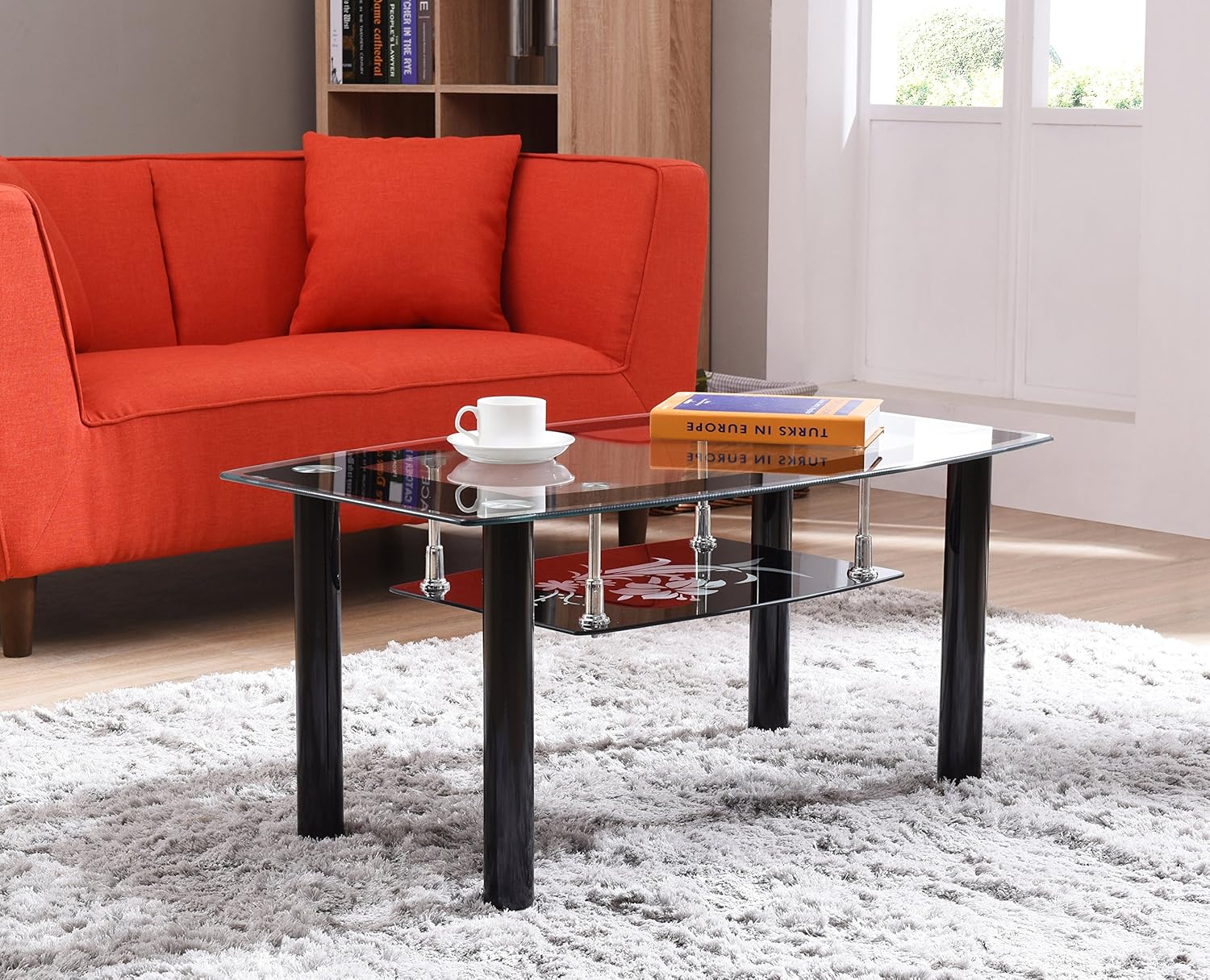 Hodedah Two Tier Rectangle Tempered Glass Coffee Table, Black: Kitchen & Dining