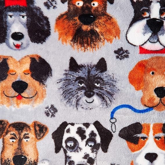 Mook Fabrics Plush Fleece Dog Faces Fabric, Grey, Fabric By