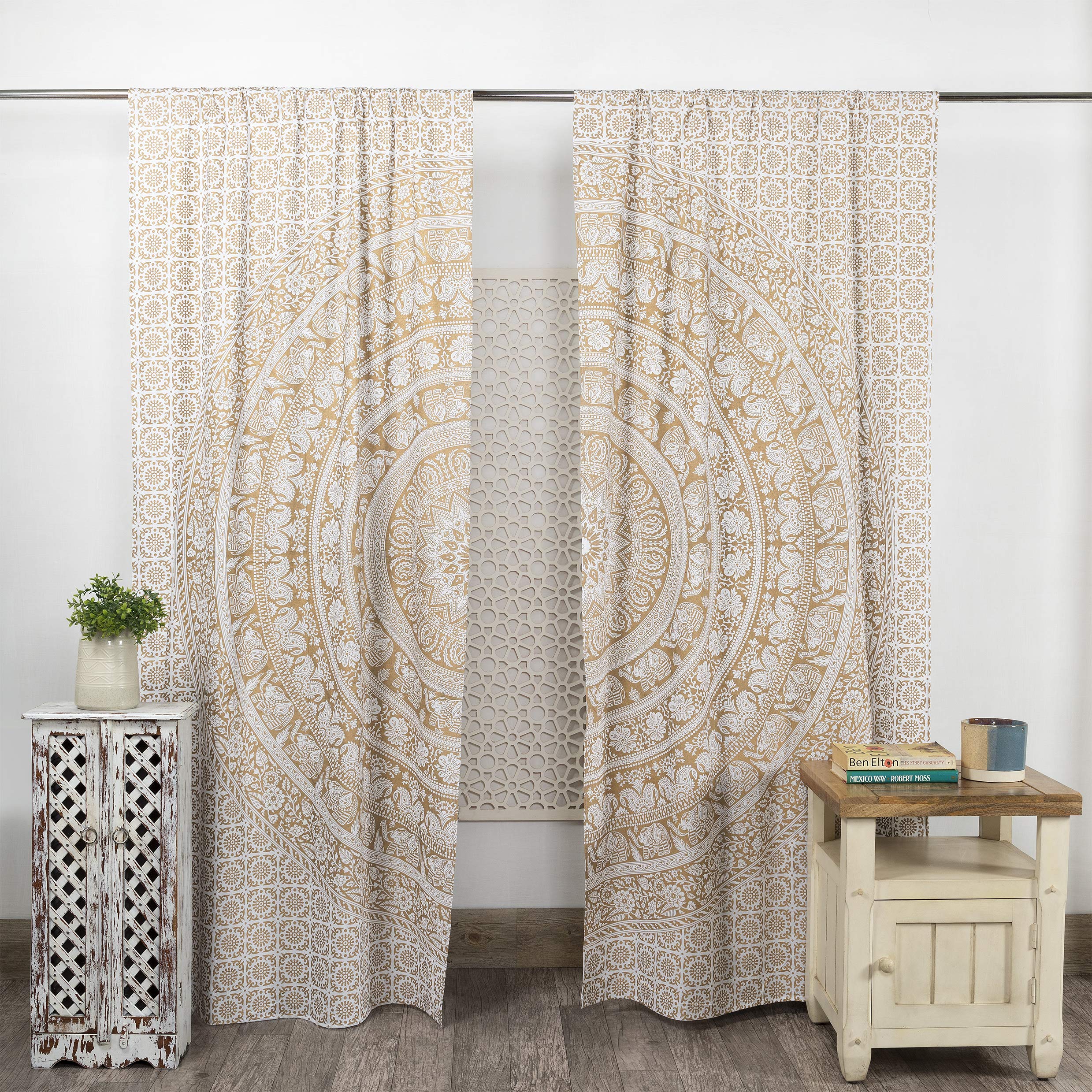 Popular Handicrafts Indian Hippie Bohemian Beautiful Elephant Mandala Curtain Panels White Gold