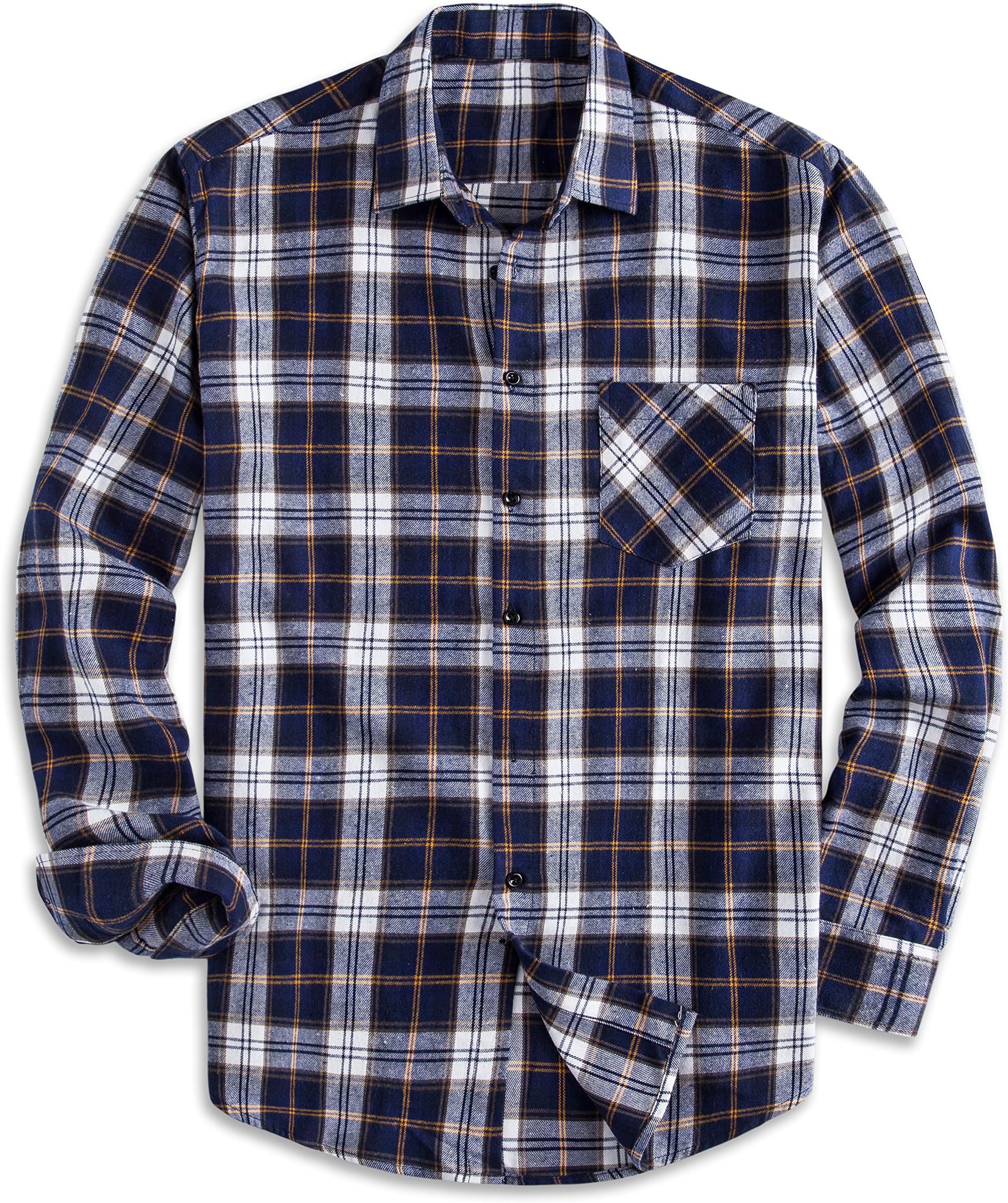 PIZZ ANNU Men's 100% Cotton Long Sleeve Plaid Fleece Shirt Button Up Flannel Shirt