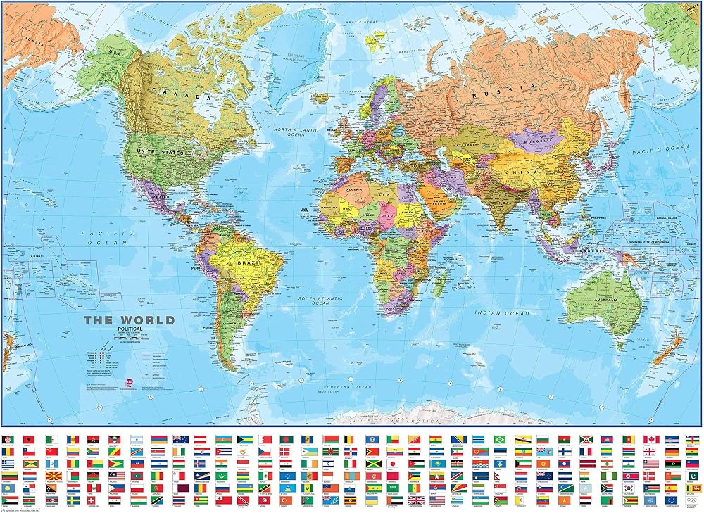 Maps International World Map with Flags Laminated 84.1x59.4 cm Updated 2025