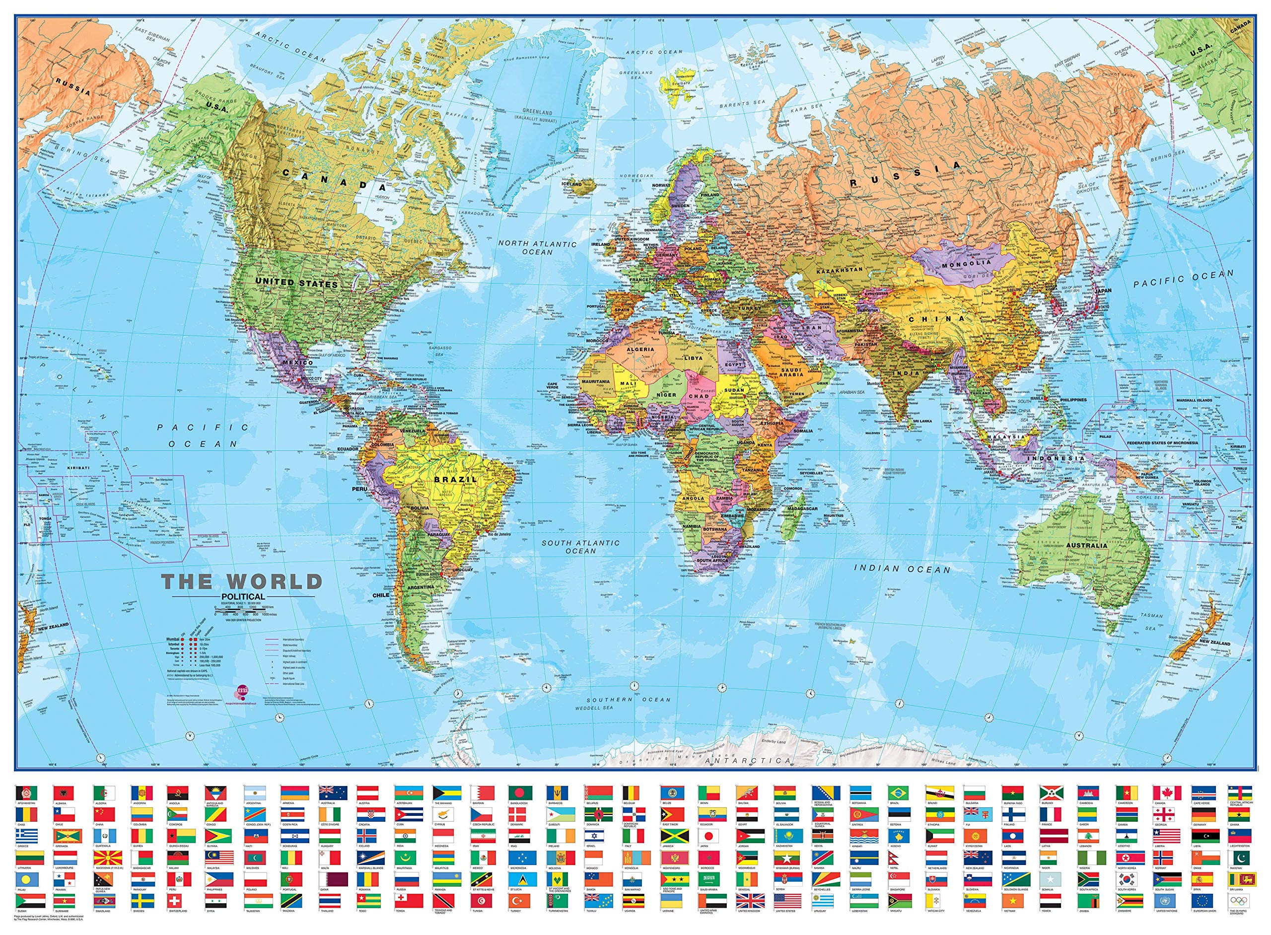 Maps International - World Map with Flags - Laminated - 84.1cm (w) x 59.4cm (h) - Updated 2025