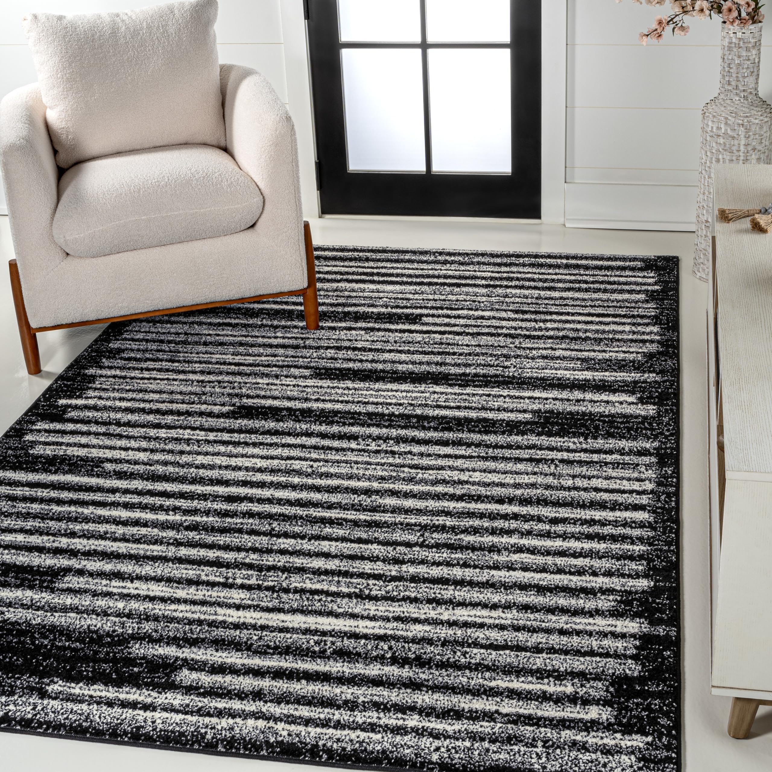 JONATHAN Y Khalil Modern Berber Stripe Black/Cream Indoor Area Rug, 8x10, Contemporary, Bohemian, Easy-Cleaning for Living Room, Bedroom, Kitchen, Pet Friendly, Non-Shedding (MOH207F-8) Image
