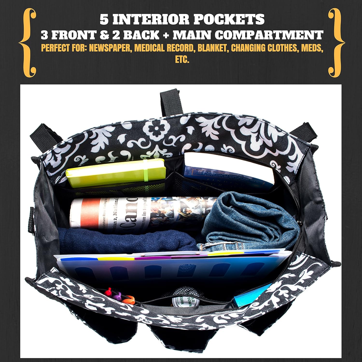 Wheelchair Bag for Back of Chair w/ 5 Exterior & 5 Interior Pockets - Perfect Carrier Bag for Newspaper, Medical Paperwork, Blanket & More for Most Electric, Manual or Power Wheelchairs (Paisley): Health & Personal Care