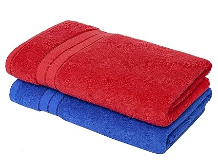 Homely 100% Cotton 2 Piece Bath Towel Set, 140 X 70 Cm, 400 Gsm, Red And Blue