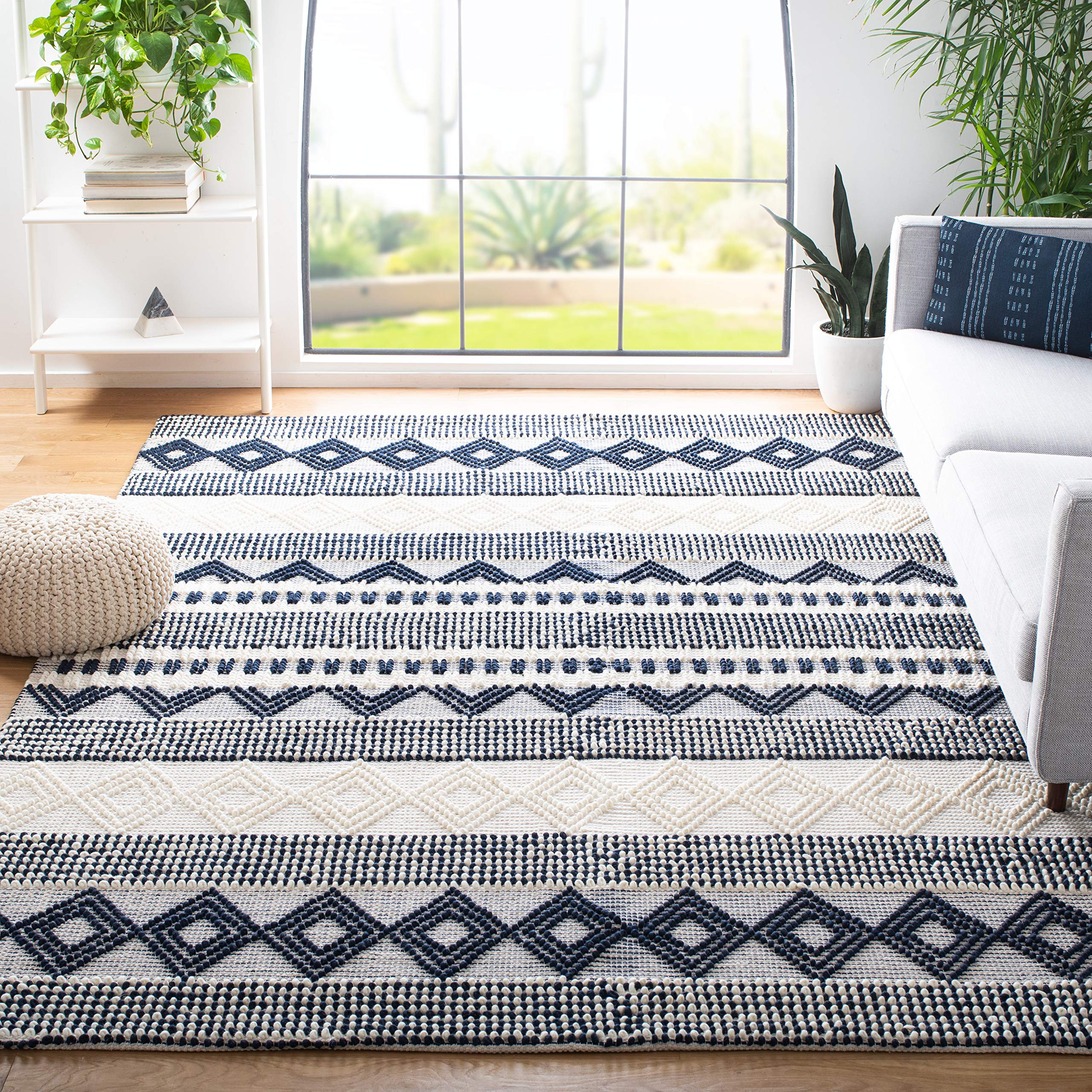 SAFAVIEH Natura Collection Area Rug - 9' x 12', Navy & Ivory, Handmade Moroccan Boho Tribal Wool & Cotton, Ideal for High Traffic Areas in Living Room, Bedroom (NAT102N) Image
