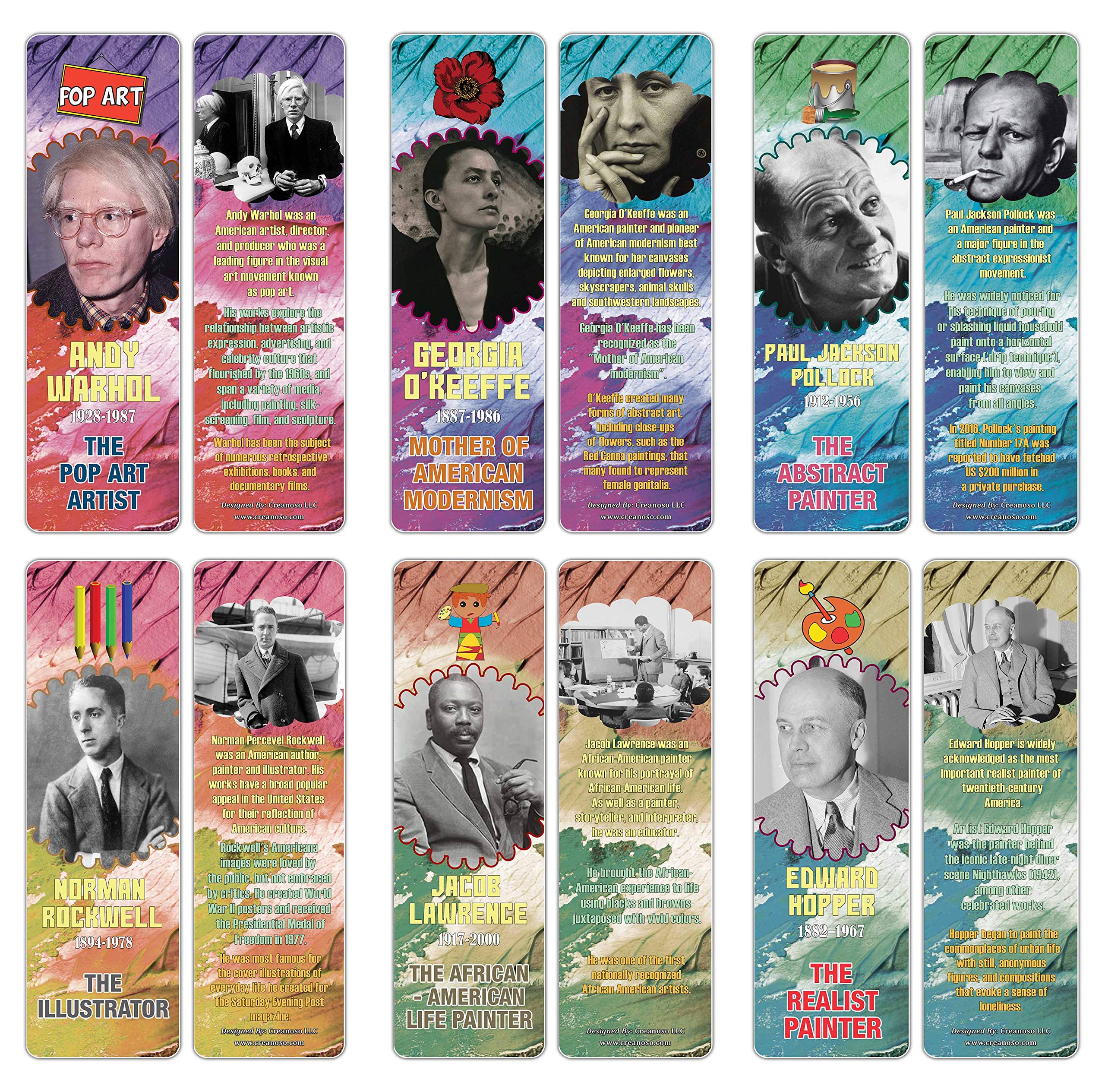 Creanoso Historical Fact American Famous Artists Bookmark Cards (60-Pack) – Learning Reading Bookmarks Collection Set – Stocking Stuffers for Boys, Girls, Kids – Classroom Incentives - Gift Tokens