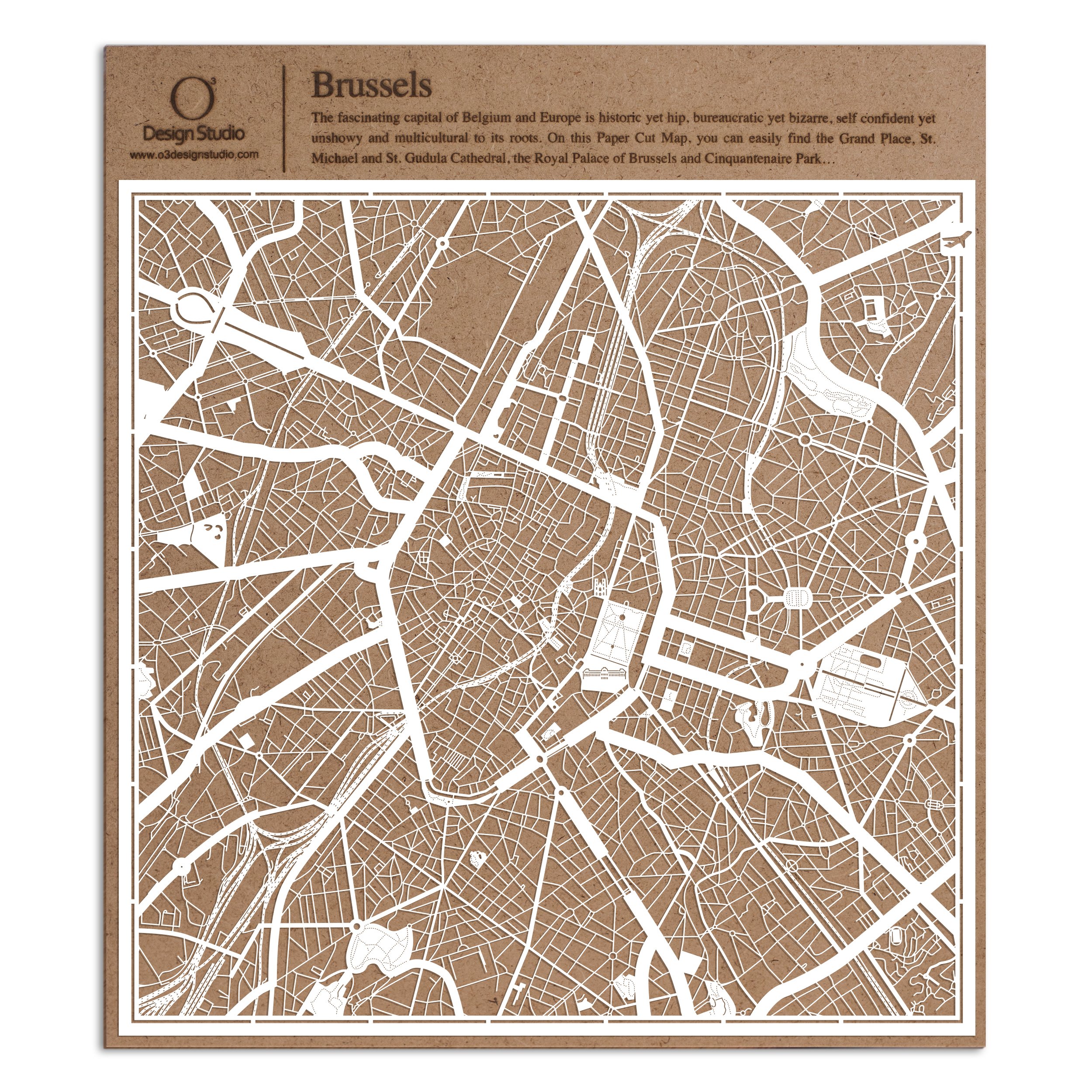 Brussels Paper Cut Map White 30x30 cm Paper Art