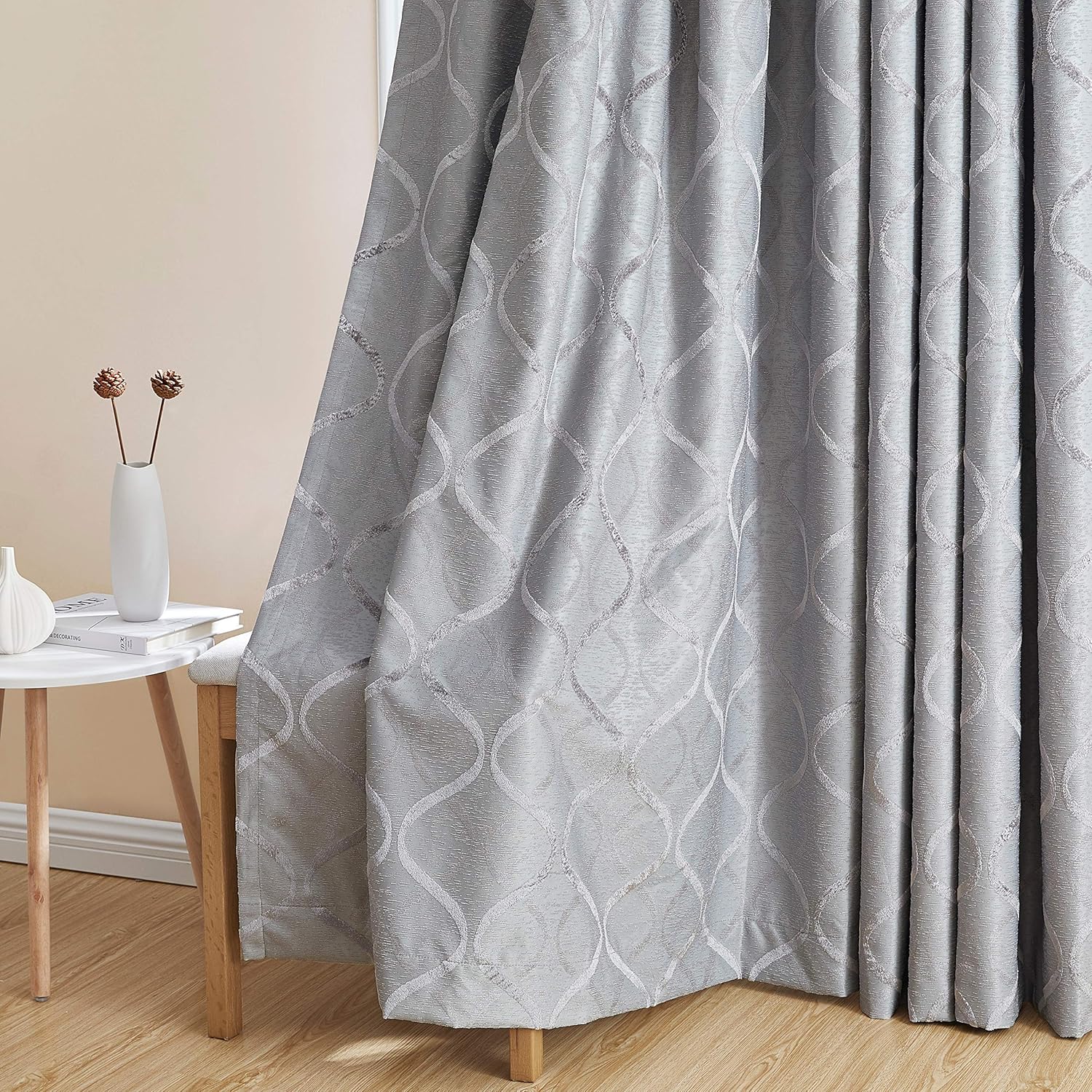 HLC.ME Versailles Lattice Flocked 100% Complete Blackout Thermal Insulated Window Curtain Grommet Panels - Energy Savings & Soundproof, For Living Room & Bedroom, Set of 2 (50 x 63 inches, Light Grey): Home & Kitchen