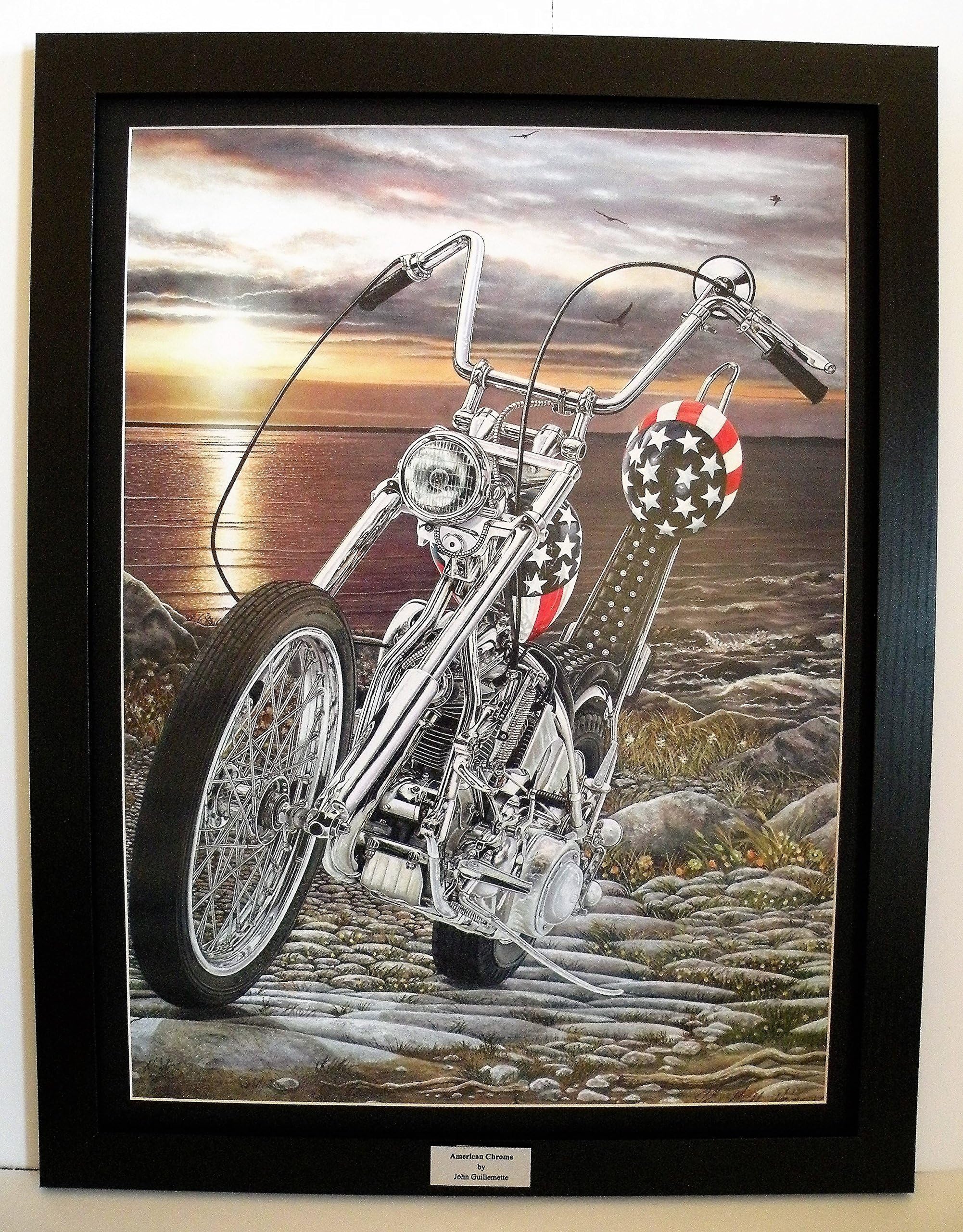 Easy Rider Harley Davidson Chopper, Seascape Sunset, Custom Framed Limited Edition Motorcycle Art Print,18x24 Signed Numbered w/Certificate - Painting by John Guillemette