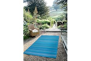 FH Home Outdoor Rug - Waterproof, Fade Resistant, Reversible - Premium Recycled Plastic - Striped - Patio, Deck, Porch, Balcony - Havana - Turquoise Crease Free - 5 x 8 ft