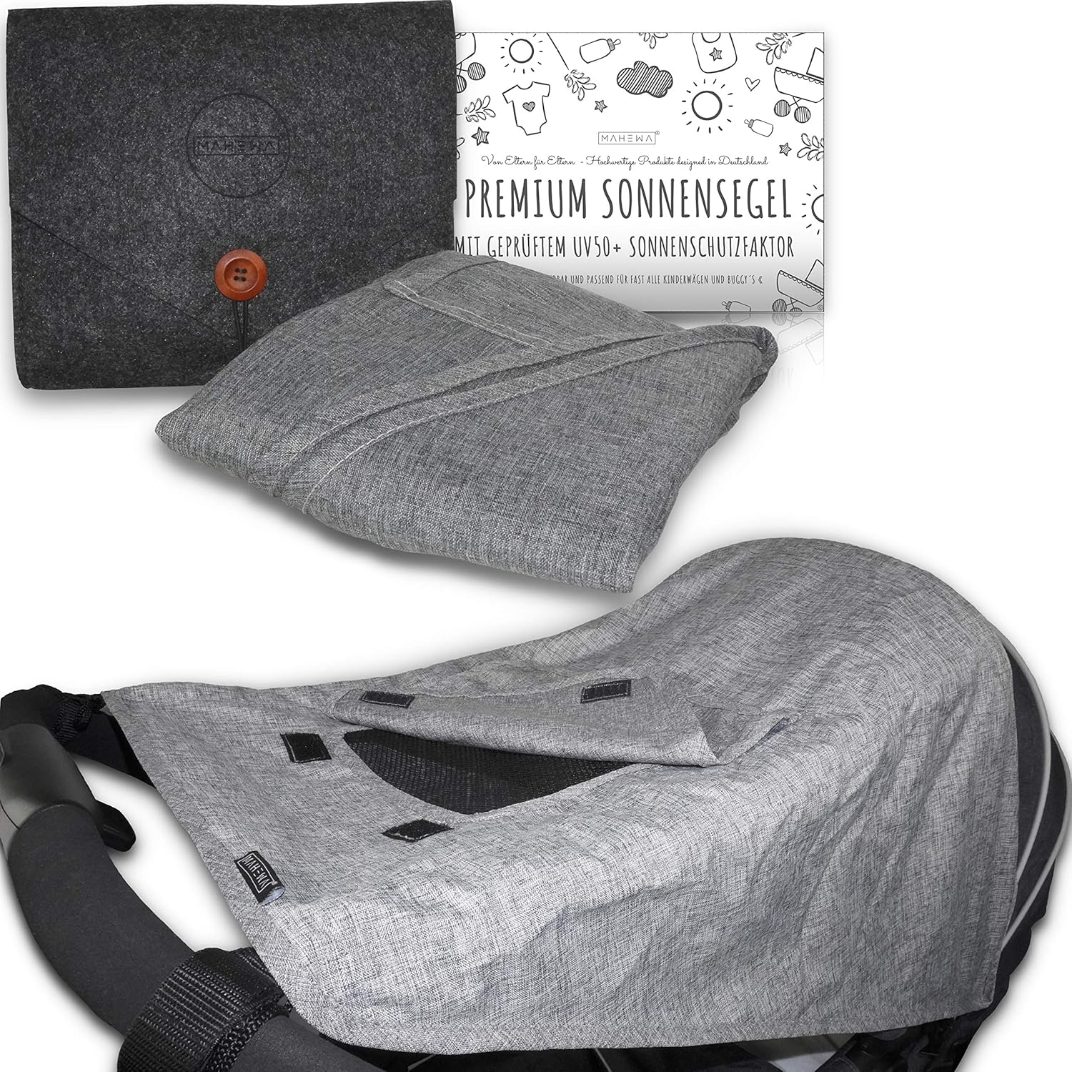 MAHEWA® Premium Sonnensegel für Kinderwagen mit UV Schutz 50+ Sonnenschutz und Regenschutz universal Passform für Kinder-Buggy und Babywanne Wasserdicht und Verstellbar Sonnendach Grau