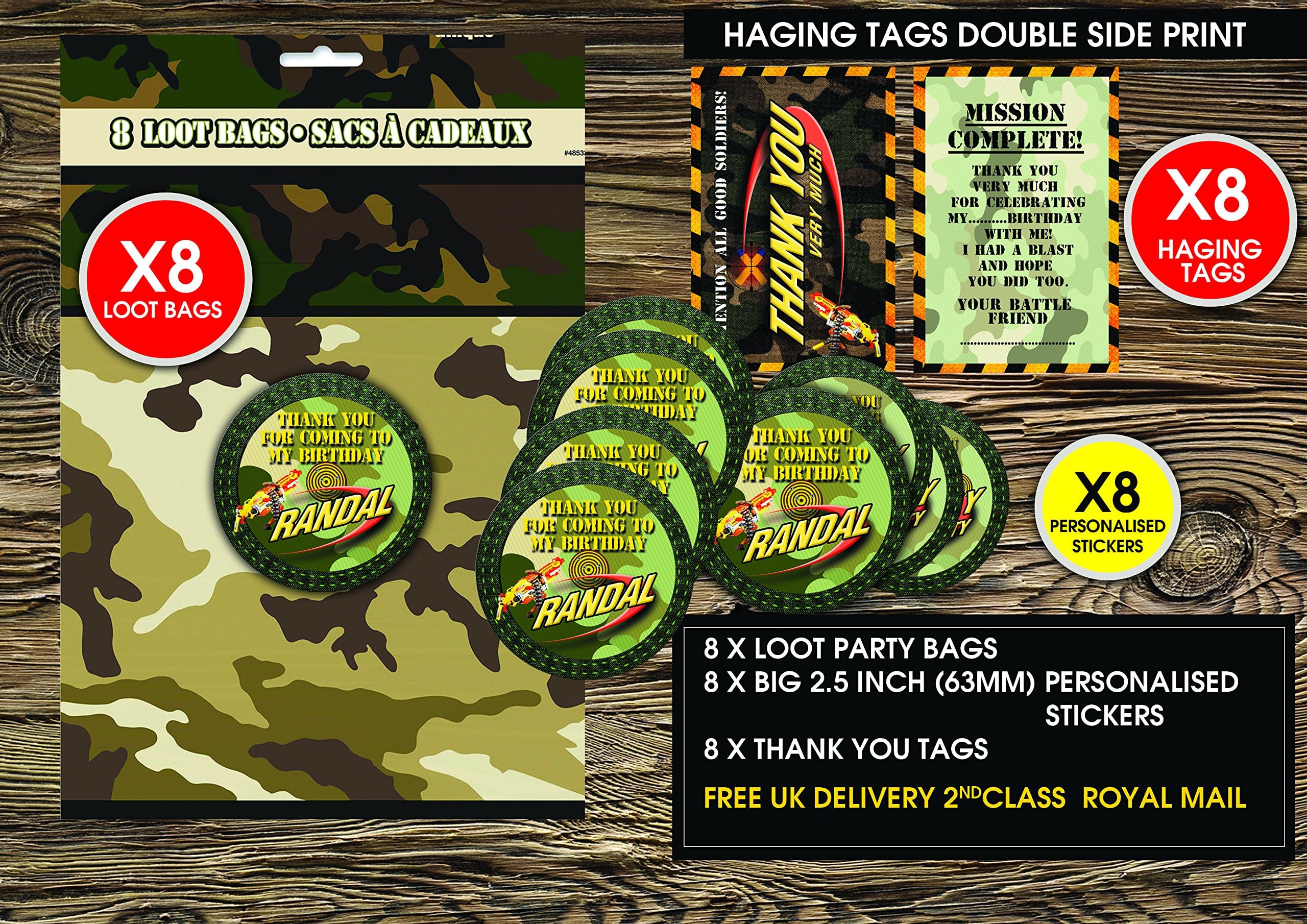 8 x Personalised,army party,Battle field party do It yourself Loot Party Bags + Hanging tie Tags