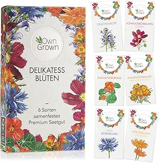 Essbare Blumen Samen Set: Premium Delikatess Blüten Blumensamen Set mit 6 Sorten Blumen Saatgut – Essbare Blüten Samen – Essbare Blumen für Torte – Essbare Blüten Tortendeko Blumen Essbar von OwnGrown