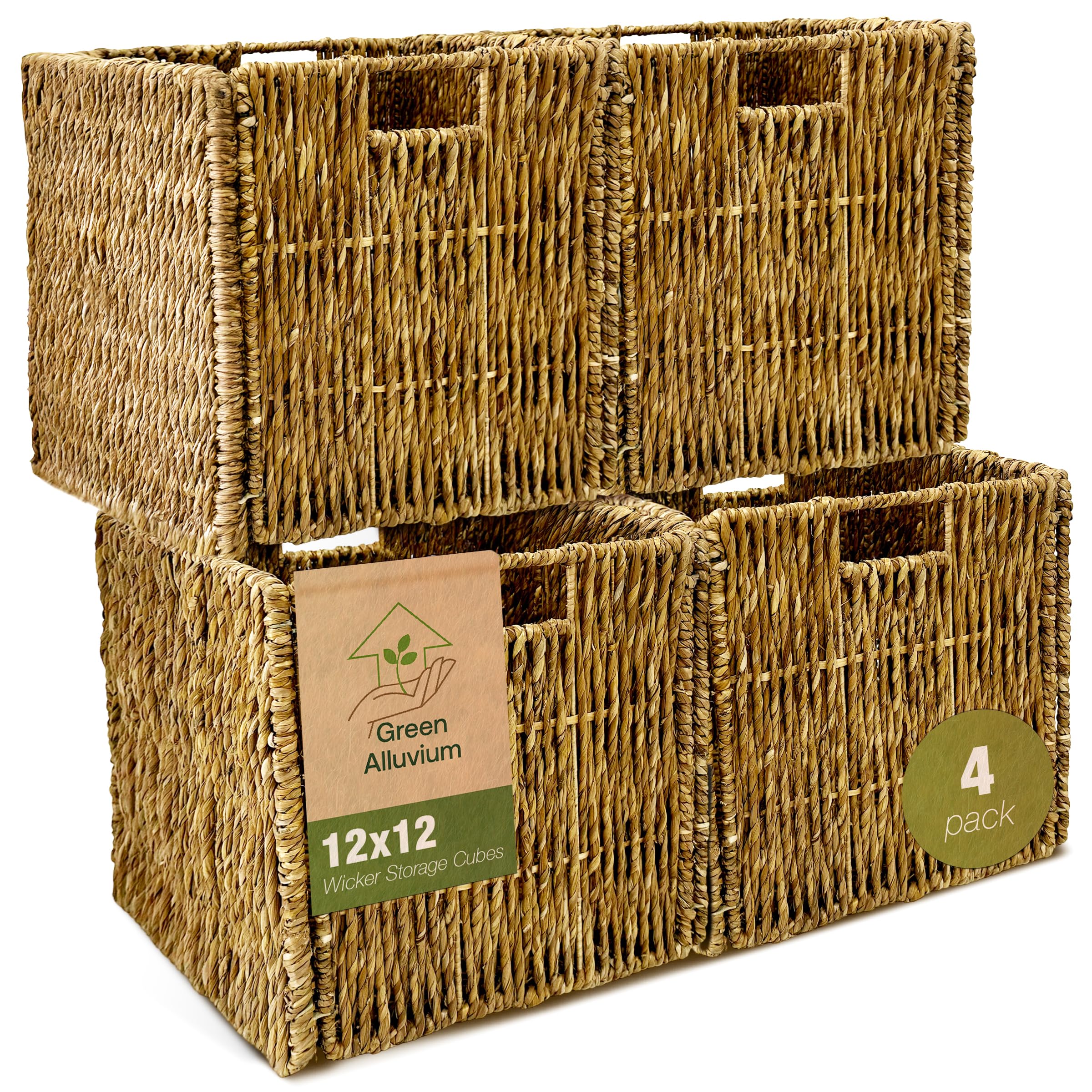 Photo 1 of 4 Pack Collapsible Storage Bins - 12x12 Wicker Storage Cubes, 12 inch Storage Baskets For Organizing, IKEA Shelves, Kallax Inserts, Closet, Office – Foldable Storage Basket For Shelves, Toys, Clothes