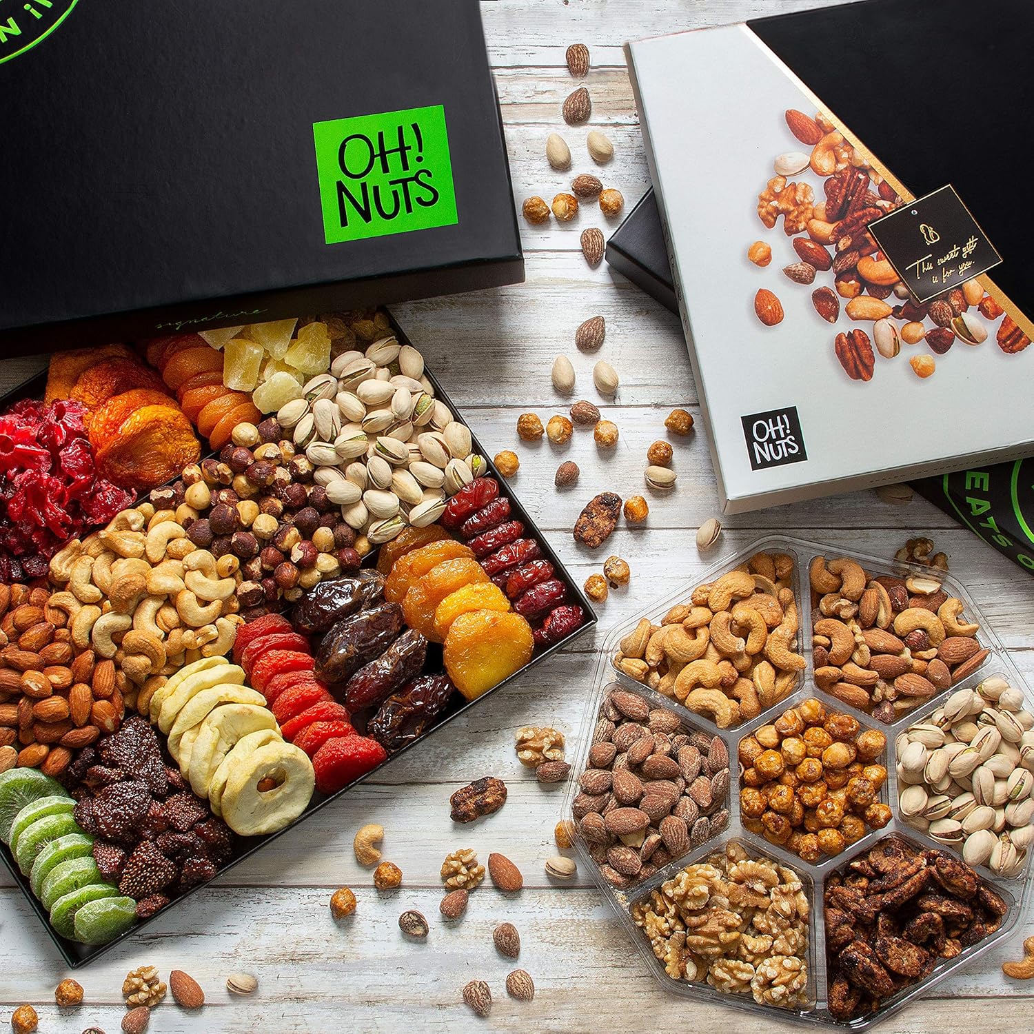 Oh! Nuts 7 Section Variety Nut Tray & XL 18 Variety Nut & Dried Fruit Gift Basket | Gourmet Holiday Family Sympathy Gifts | Delivery Food Snack Set Unique Ideas for Birthdays