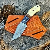 Wolf Cut Handmade Damascus Steel Hunting knife Fixed Blade knife, Bone & Rose Wood Handle Bull Cutter Knife, EDC Utility knife Cowboy Knife Damascus Steel Knife Bushcraft knife Skinning Knife with leather Sheath (Black Wood Bone)
