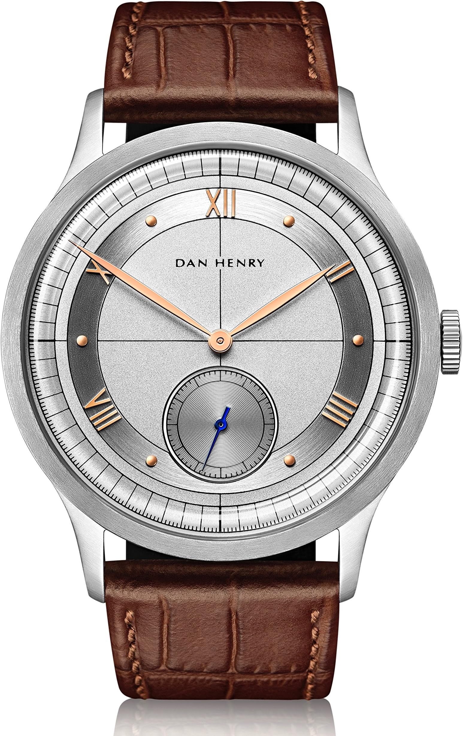 Dan Henry 1947 Elegant Men’s Dress Watch with Brushed Chapter Ring with Rose Gold Applied Roman Numerals, Limited Edition, 40mm Stainless Steel Case, Brown Italian Leather Strap + Black NATO Strap