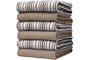 BUMBLE TOWELS 400 GSM Absorbent 6 Pack Cotton Popcorn Stripe Kitchen Towels with Hanging Loop - 16x26 Inches, Tan