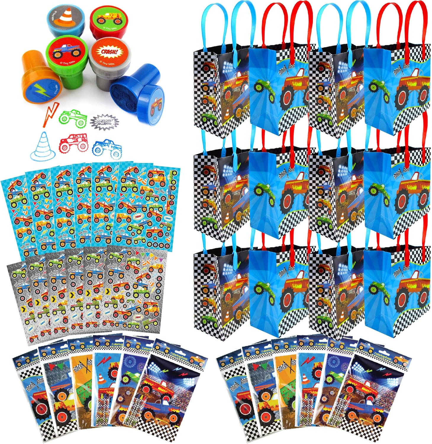 TINYMILLS Monster Truck Birthday Party Assortment Favor Set of 108 pcs (12 Large Party Favor Treat Bags with Handles, 24 Self-Ink Stamps for Kids, 12 Sticker Sheets, 12 Coloring Books, 48 Crayons)