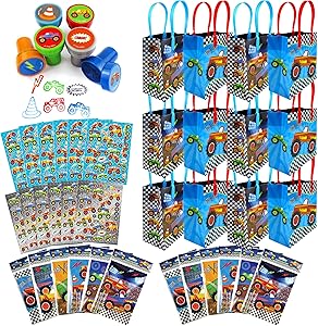 TINYMILLS Monster Truck Birthday Party Assortment Favor Set of 108 pcs (12 Large Party Favor Treat Bags with Handles, 24 Self-Ink Stamps for Kids, 12 Sticker Sheets, 12 Coloring Books, 48 Crayons)