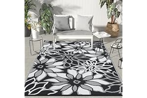 GENIMO Outdoor Rug Waterproof for Patios Clearance, 5' x 8' Reversible Plastic Straw Floral Camping Carpet, Large Area Rugs Mats for RV, Camper, Deck, Balcony, Porch, Beach, Picnic, Black & White