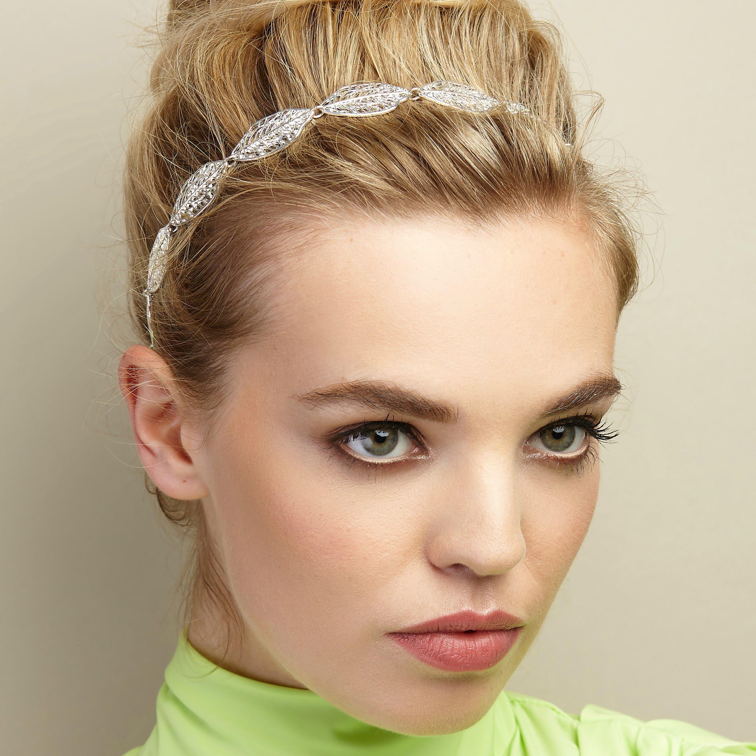 QueenMee Leaf Headband Leaf HairBand HeadBand Bridesmaid HairAccessory (Silver)