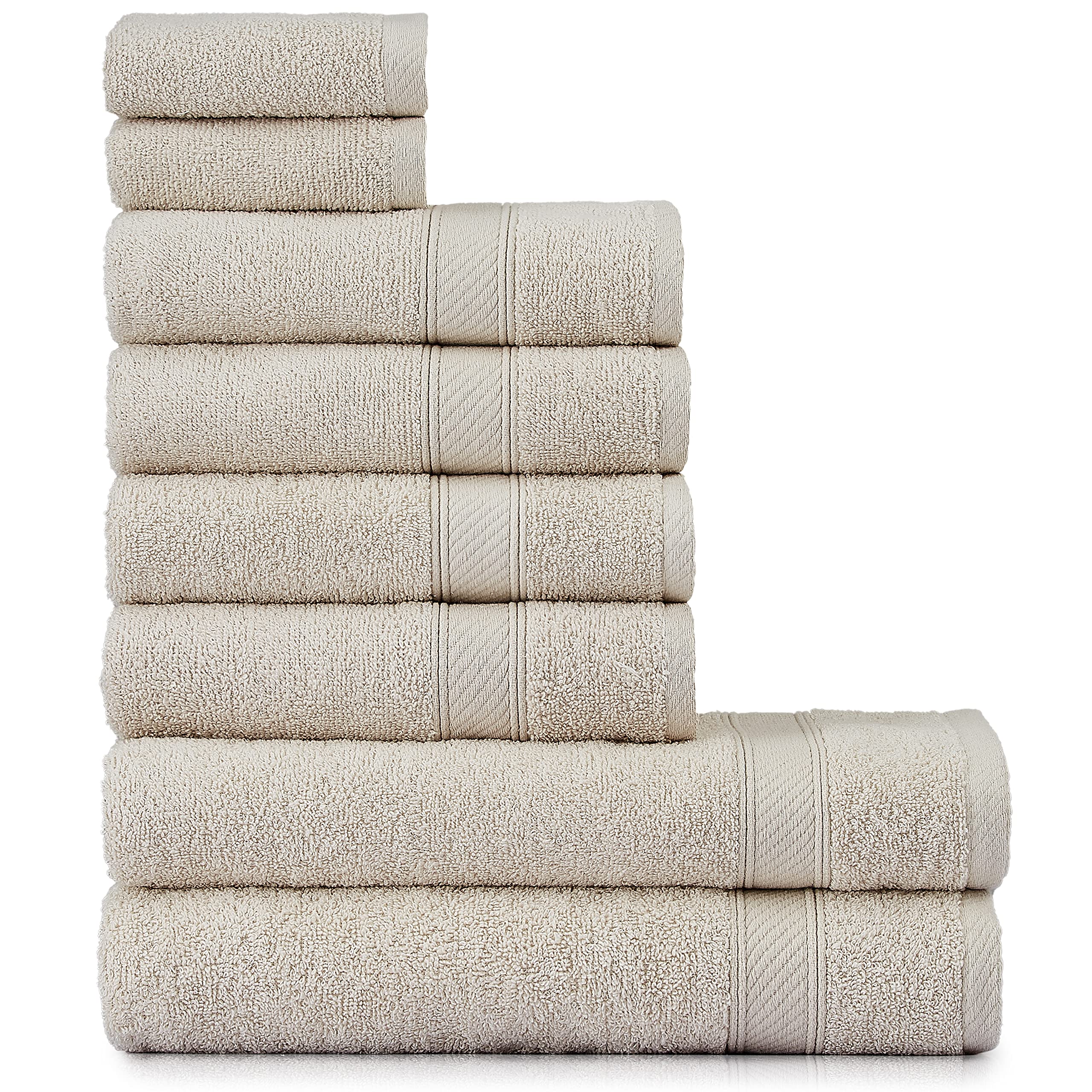 nottoc Hand Towel Set Beige 8-Piece / 2 Bath Towels 70 x 140 cm + 4 Hand Towels 50 x 90 cm + 2 Guest Towels 30 x 50 cm - Hand Towel with Hanger 100% Cotton Absorbent Soft Luxury Shower Towels - Sand