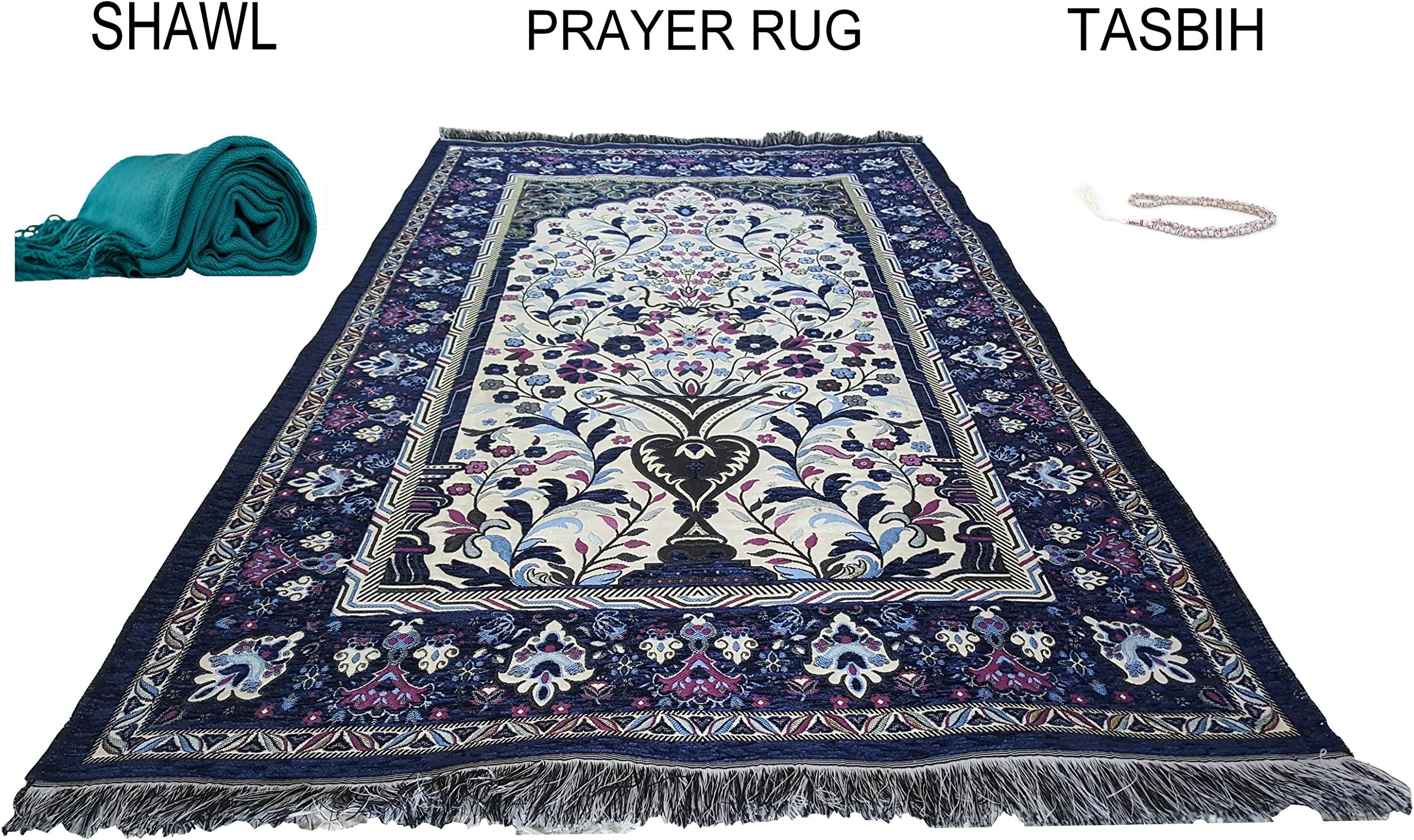 GURJHON Turkish Prayer Rug with Pashmina Shawl Wrap Scarf and 99 Beads Muhammad Allah TASBIH, Zikir, Haj, Tasbeeh, Subha, Misbaha Beads (HALE) (Blue)
