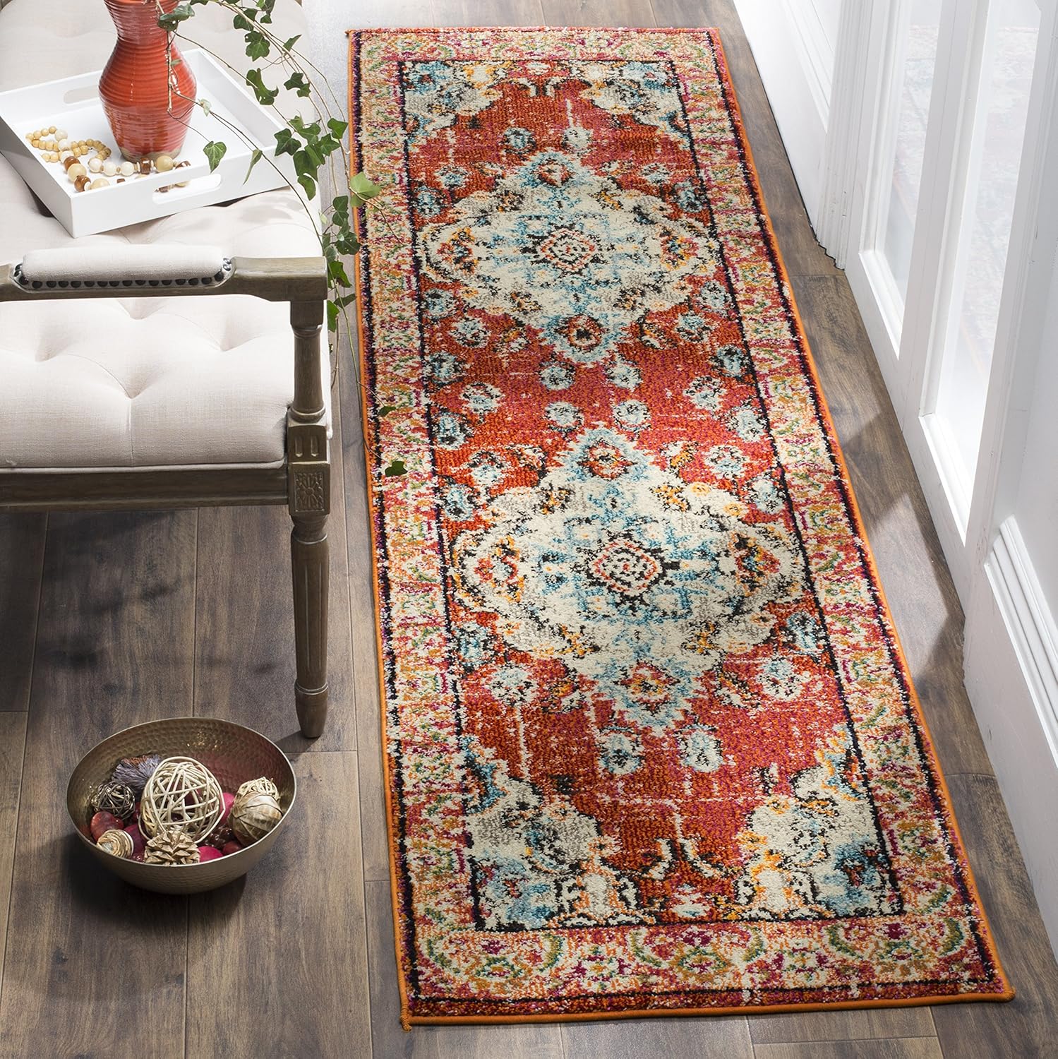 Safavieh Monaco Collection MNC243F Bohemian Chic Medallion Distressed Area Rug, 2' 2" x 12', Orange/Light Blue
