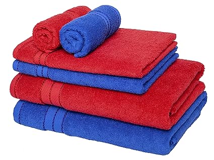 Homely 100% Cotton 6 Piece Towel Set, 2 Bath Towel 140 X 70 Cm, 2 Hand Towel 40 X 60 Cm, 2 Face Towel 30 X 30 Cm, 400 Gsm, Red And Blue