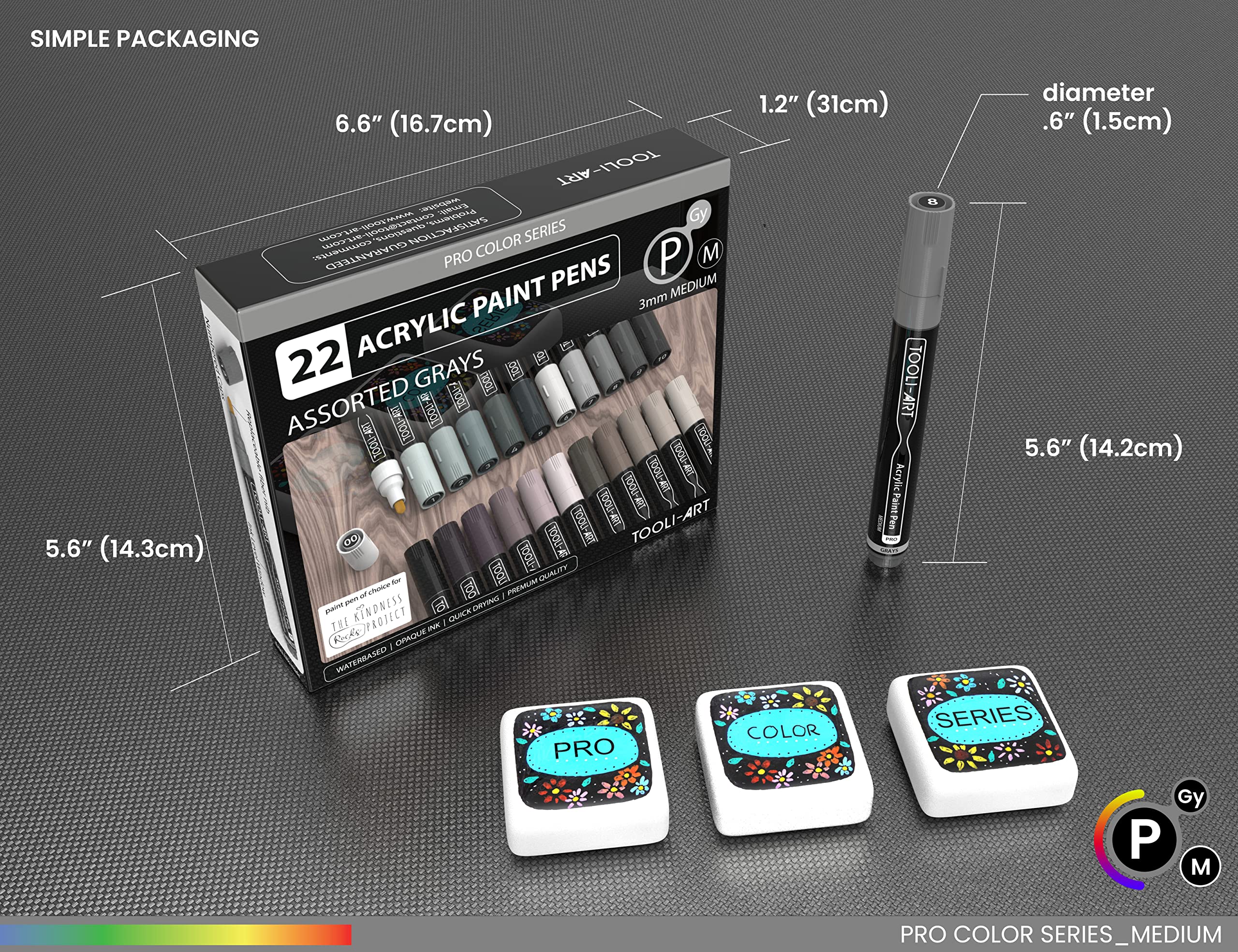 TOOLI-ART Acrylic Paint Pens 22 Assorted Pro Colour Series Markers Set 3mm Medium Tip for Rock Painting, Glass, Mugs, Wood, Metal, Canvas, DIY Projects, Non Toxic, Waterbased, Quick Drying. (GREY)