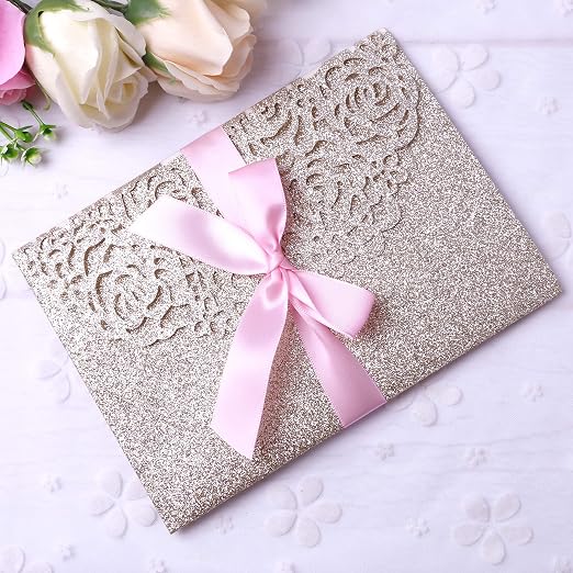 Ponatia 20 Pcs 3 Folds 5x7 Wedding Invitations Cards With Envelopes Ribbons For Wedding Bridal Shower Engagement Birthday Graduation Invite Gold