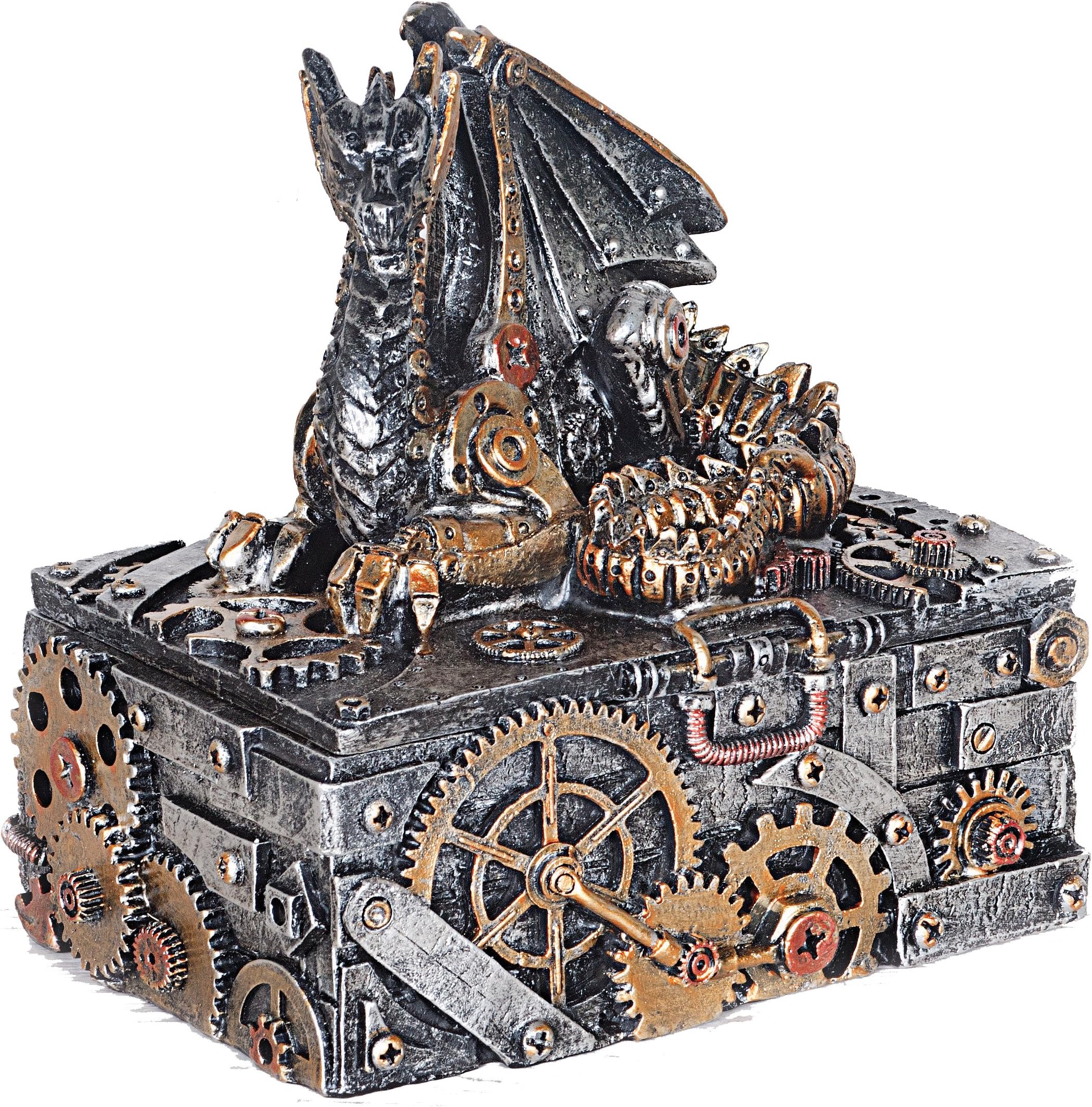 Flame Steampunk Dragon Silver and Gold coloured Trinket Box