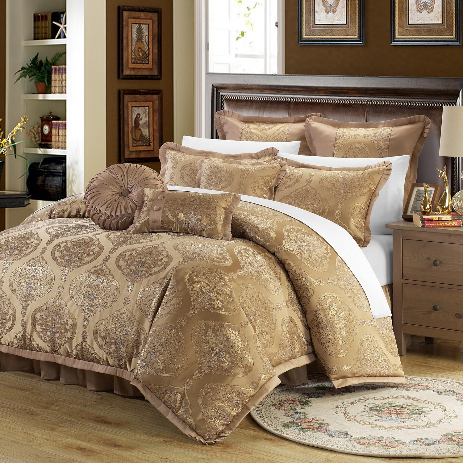 Perfect Home 9 Piece Bonito Decorator Upholstery Quality Jacquard Motif Fabric Complete Master Bedroom Comforter Set And Pillows Ensemble King Gold