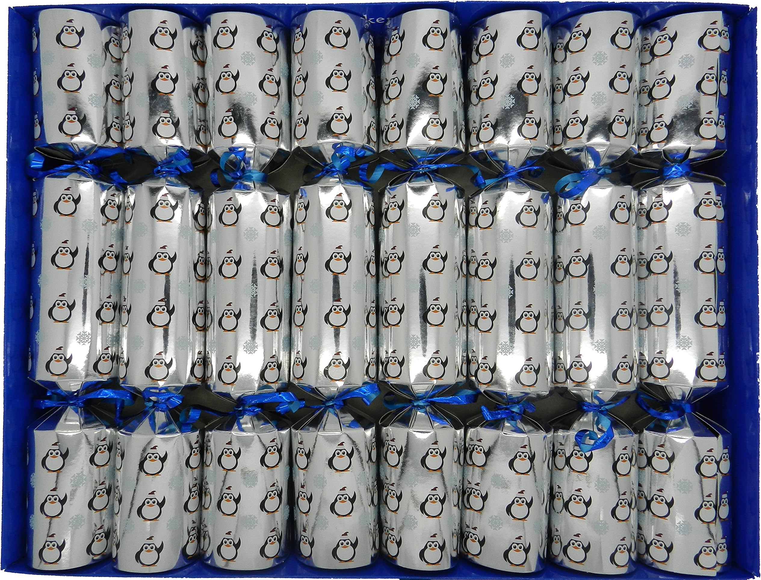 8 Penguin Christmas Crackers in Silver with Magic Tricks