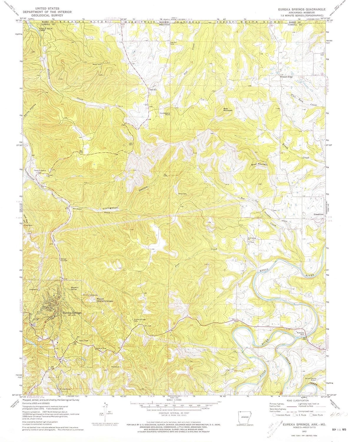 Map Poster - Eureka Springs, Arkansas (1972), 1:24000 Scale, 24"x20", Gloss Finish
