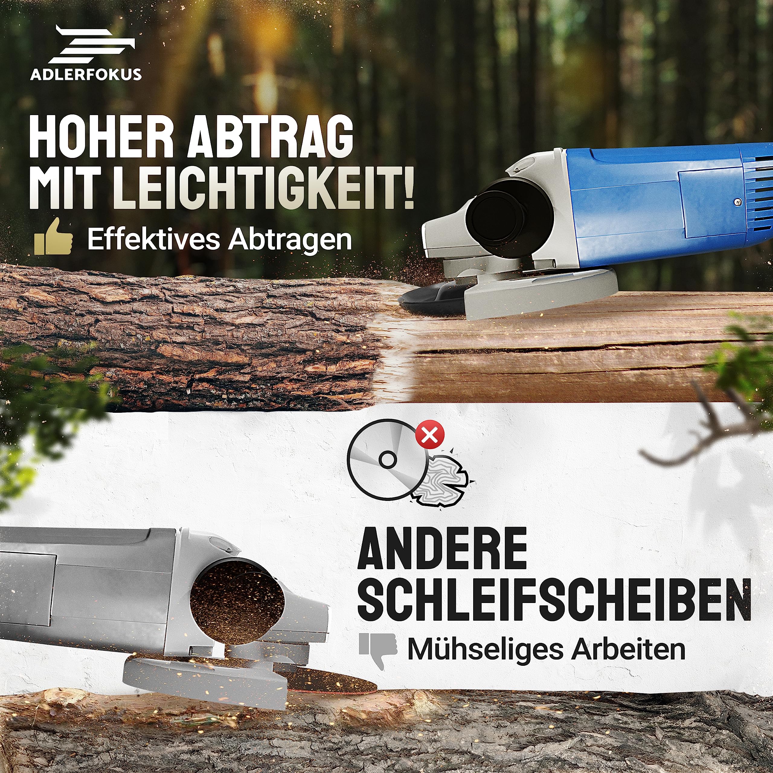 Adlerfokus Holz Schleifscheibe 125mm Set Winkelschleifer [EXTRA SCHARF] Flexscheibe für Holz - Wurzelfräse - Lackfräse - Baumstumpffräse - Raspelscheibe - Schleifen mit einer Flex Schleifscheibe 6
